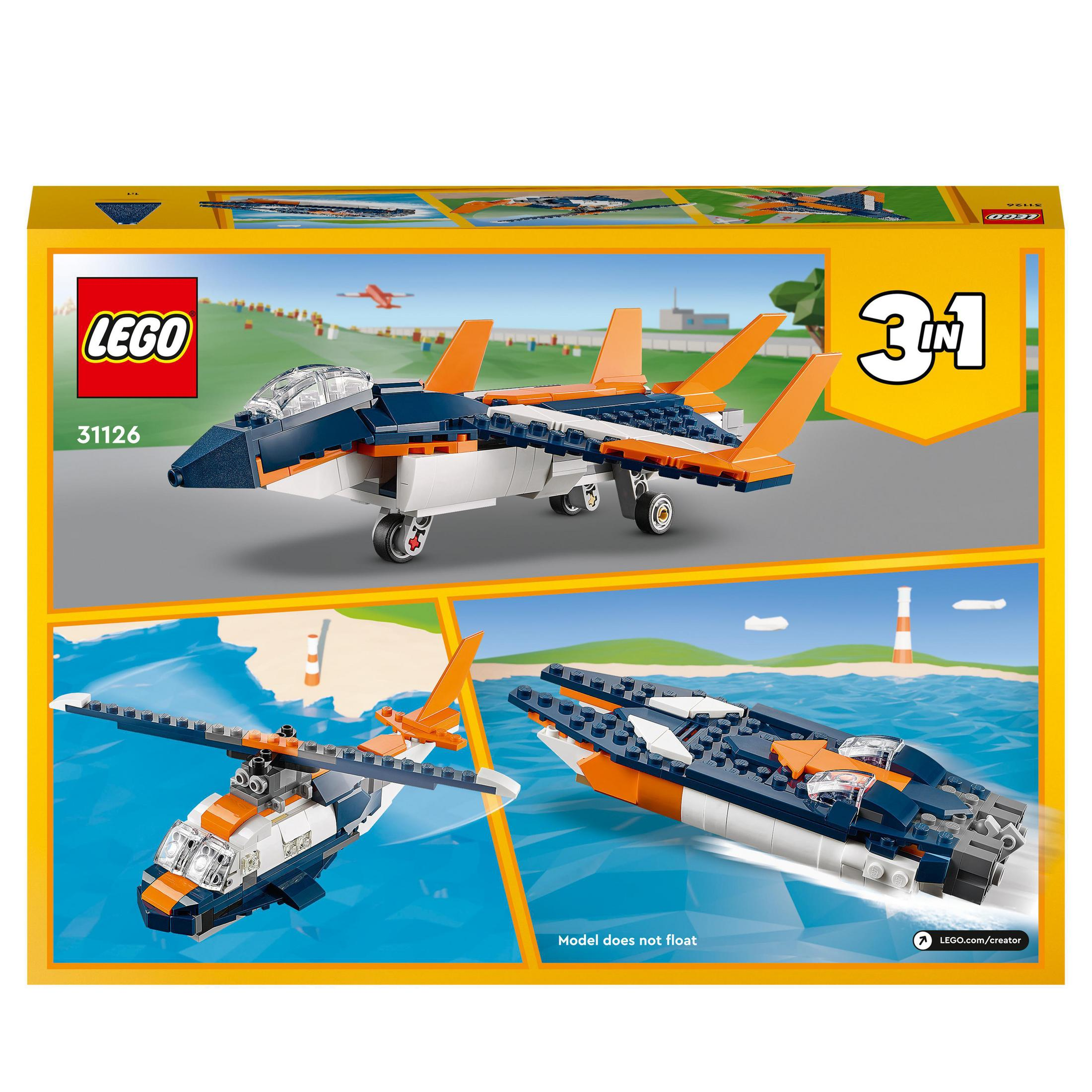Caja de juguetes LEGO 3 en 1, con avión, helicóptero y barco.