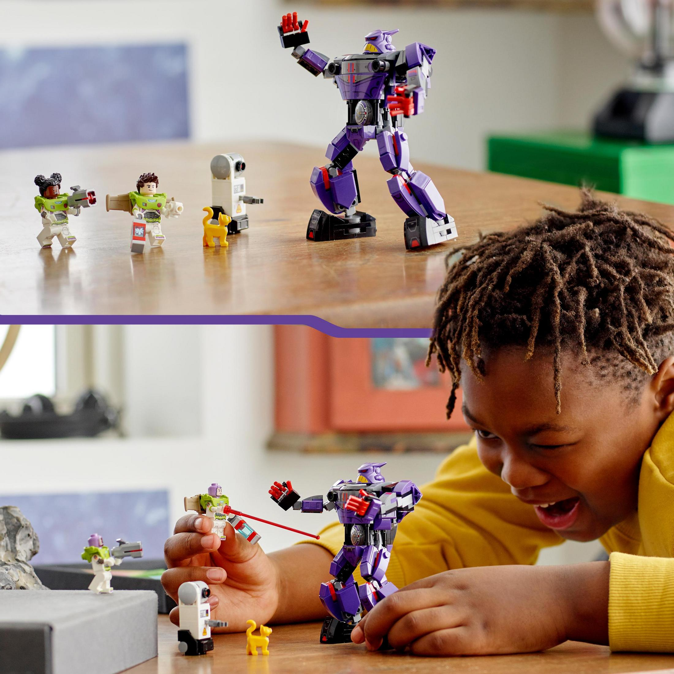 Zwei Bilder eines Lego-Sets. Buzz Lightyear Roboter mit anderen Charakteren, einer aufgebaut und einer bespielt.