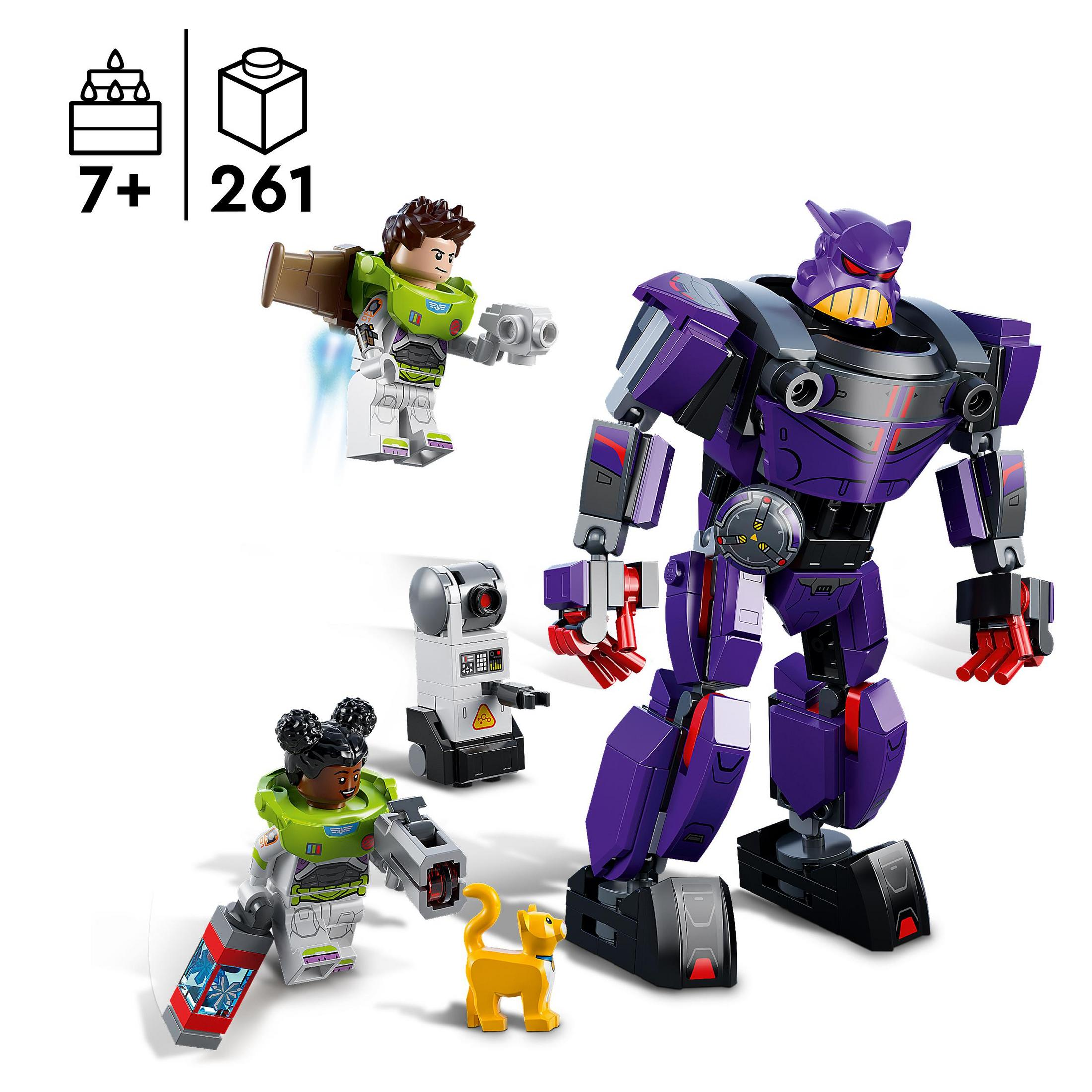 Lego-Set mit Buzz Lightyear, Zurg, Roboter und Katzenfiguren.