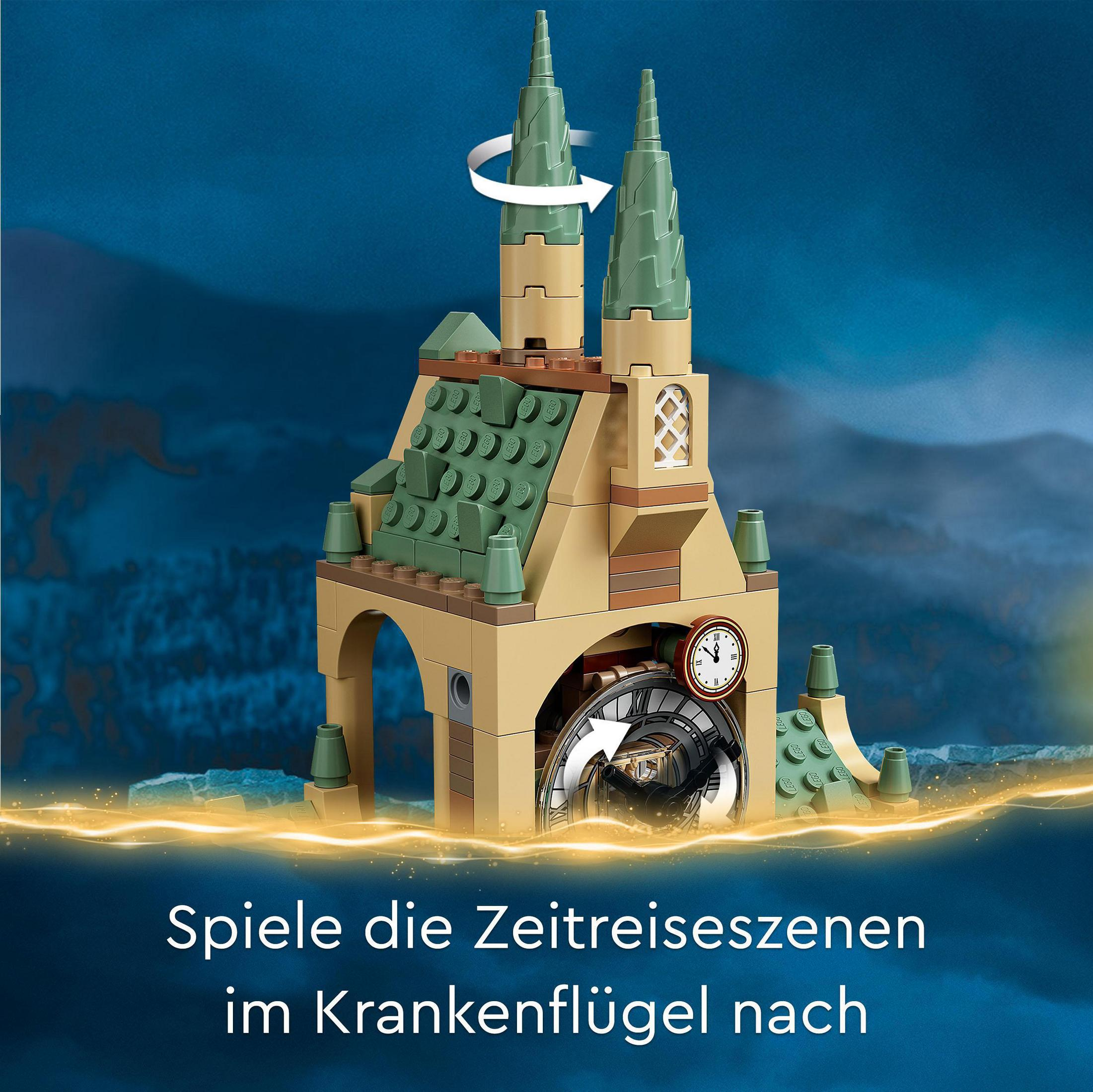 Lego-Schloss mit rotierender Uhr und Text: 'Spiele die Zeitreiseszenen im Krankenflügel nach'.