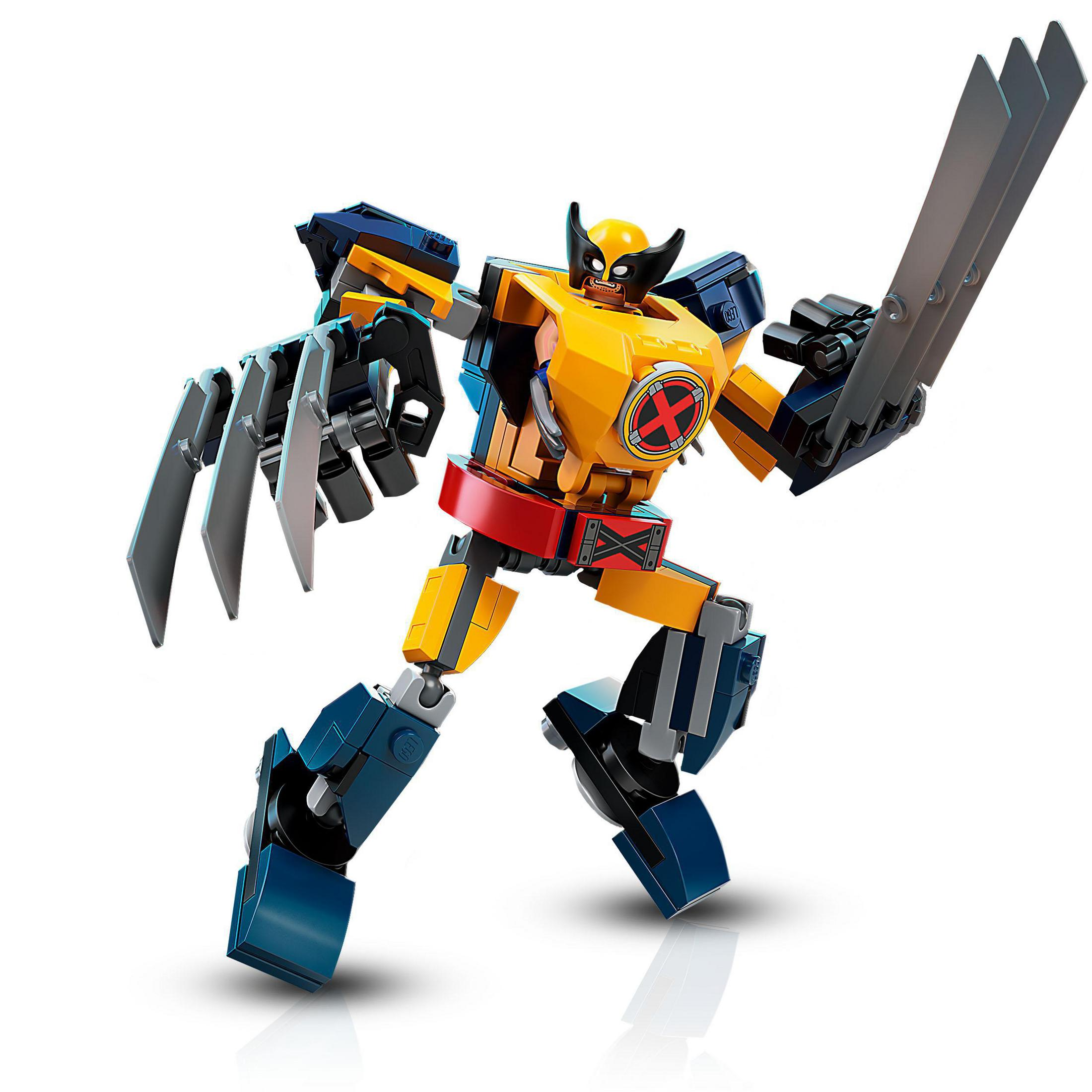 Pençeleri olan bir Lego Wolverine figürü, dinamik bir pozda, beyaz bir arka plan üzerinde.