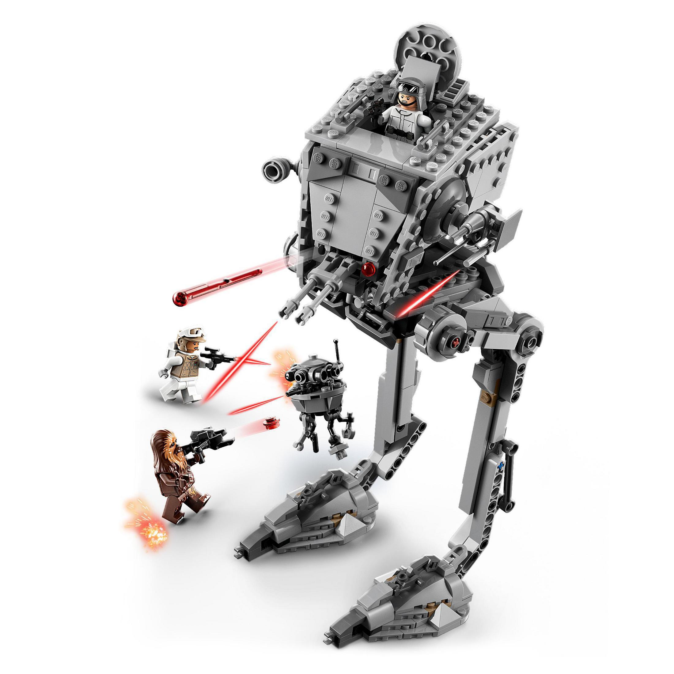 Lego Star Wars Set mit einem grauen AT-ST Walker, Minifiguren und Blastern. Kampfszene.