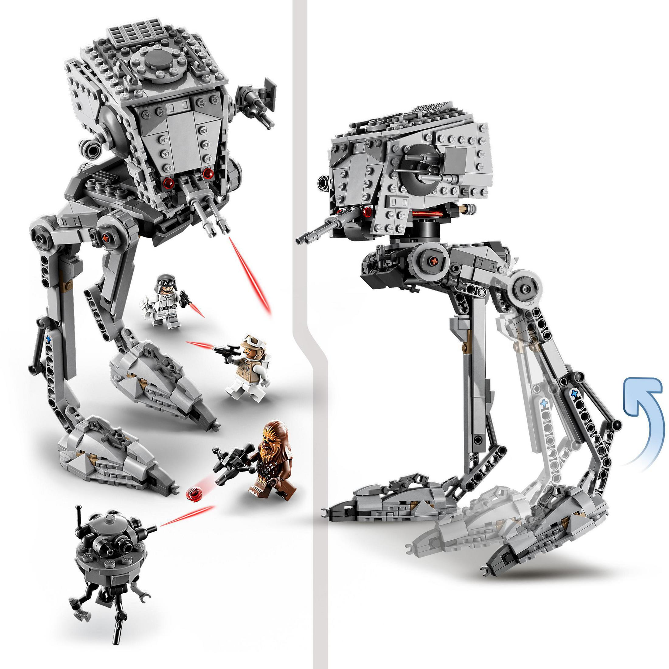 Zwei Bilder von Lego AT-ST Walkern mit Star Wars Figuren, eines mit beweglichem Bein.