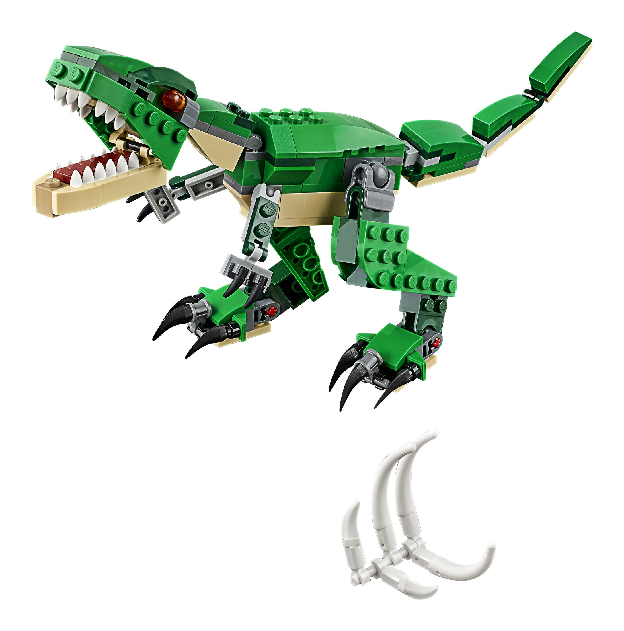 Ein grünes Lego-Dinosaurier-Spielzeug mit beigem Bauch, Zähnen und Krallen. Darunter eine weiße Knochenstruktur.