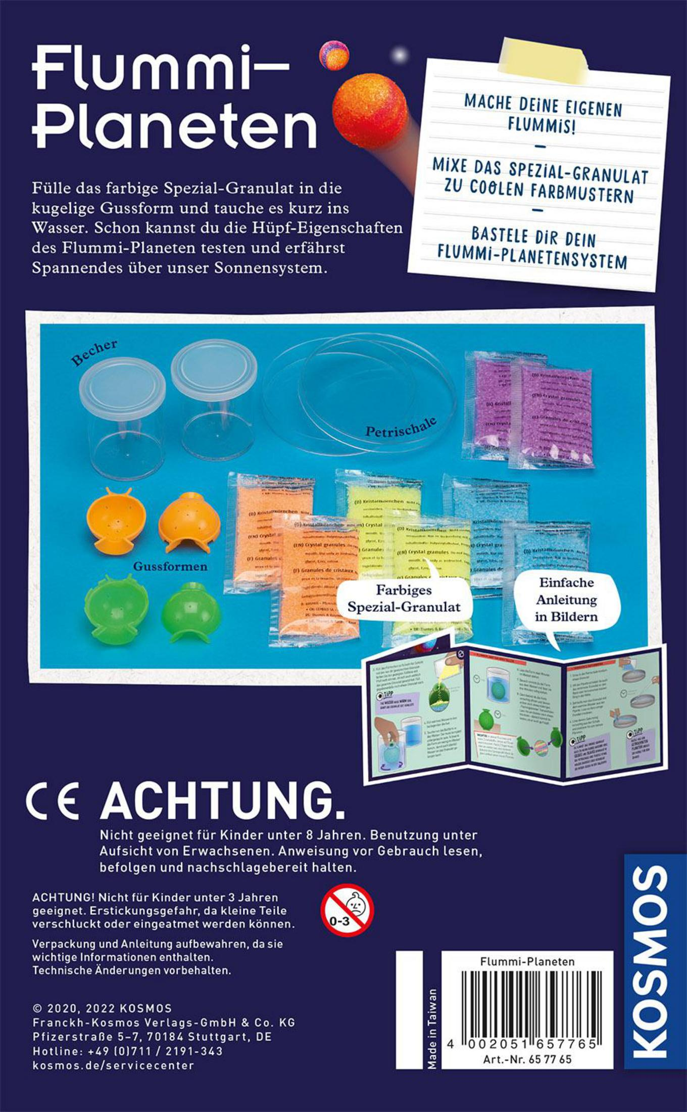 Rückseite eines Kits zur Herstellung von Flummi-Planeten. Verschiedene Komponenten und Anweisungen.