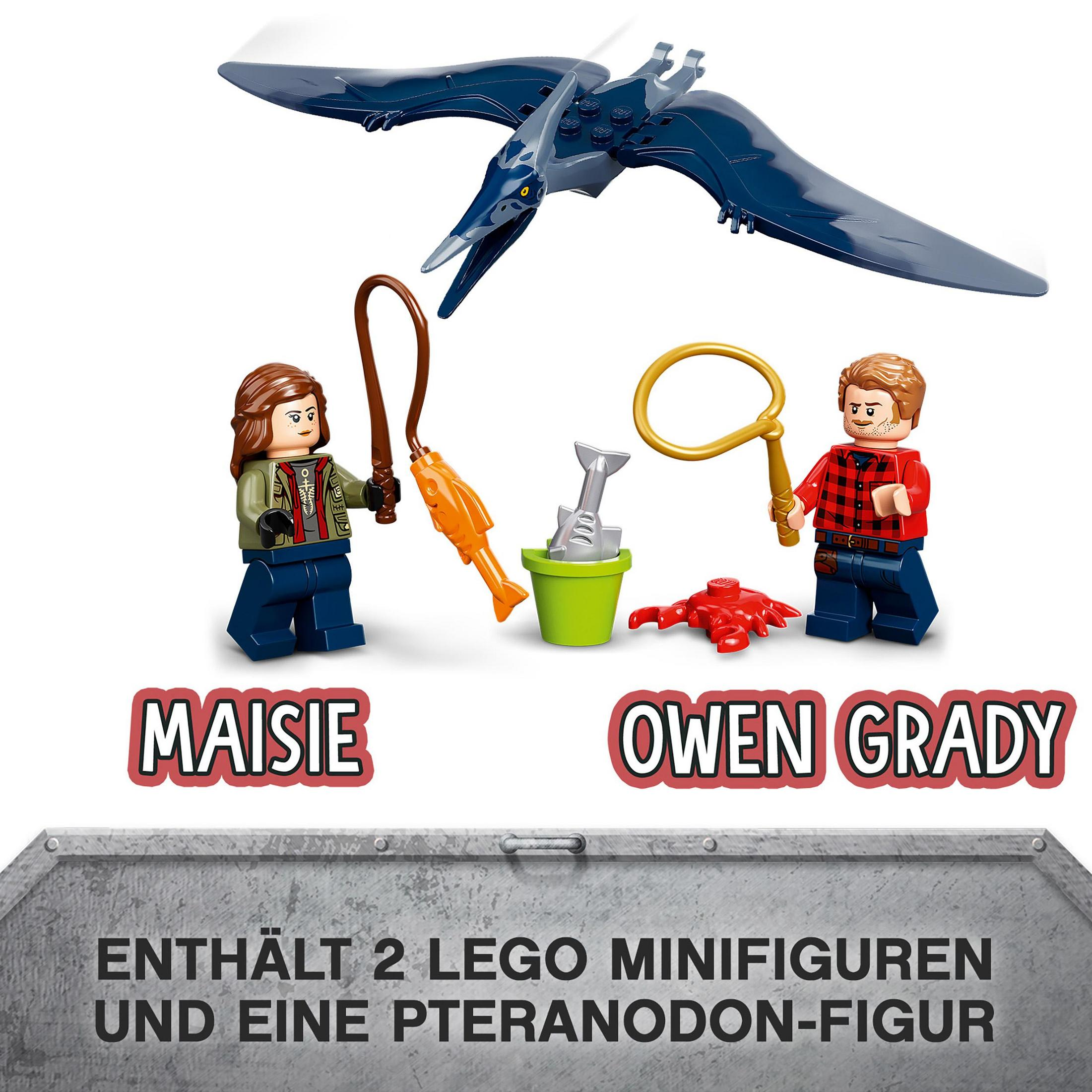 Bir Pteranodon oyuncağıyla Maisie ve Owen Grady'nin LEGO minifigürleri. Metin, minifigürler içerir diyor.