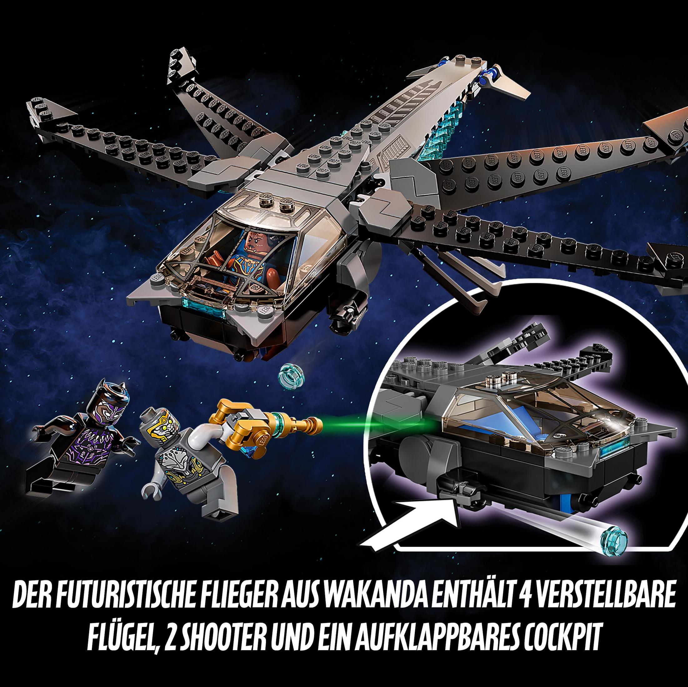 Ein Lego-Set eines Wakanda-Fliegers, mit Black Panther-Figuren und einem detaillierten Cockpit.