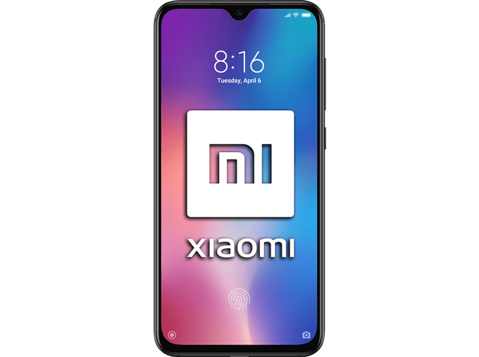 Smartfon Xiaomi wyświetlający logo, z nazwą marki poniżej, na czarnym tle.