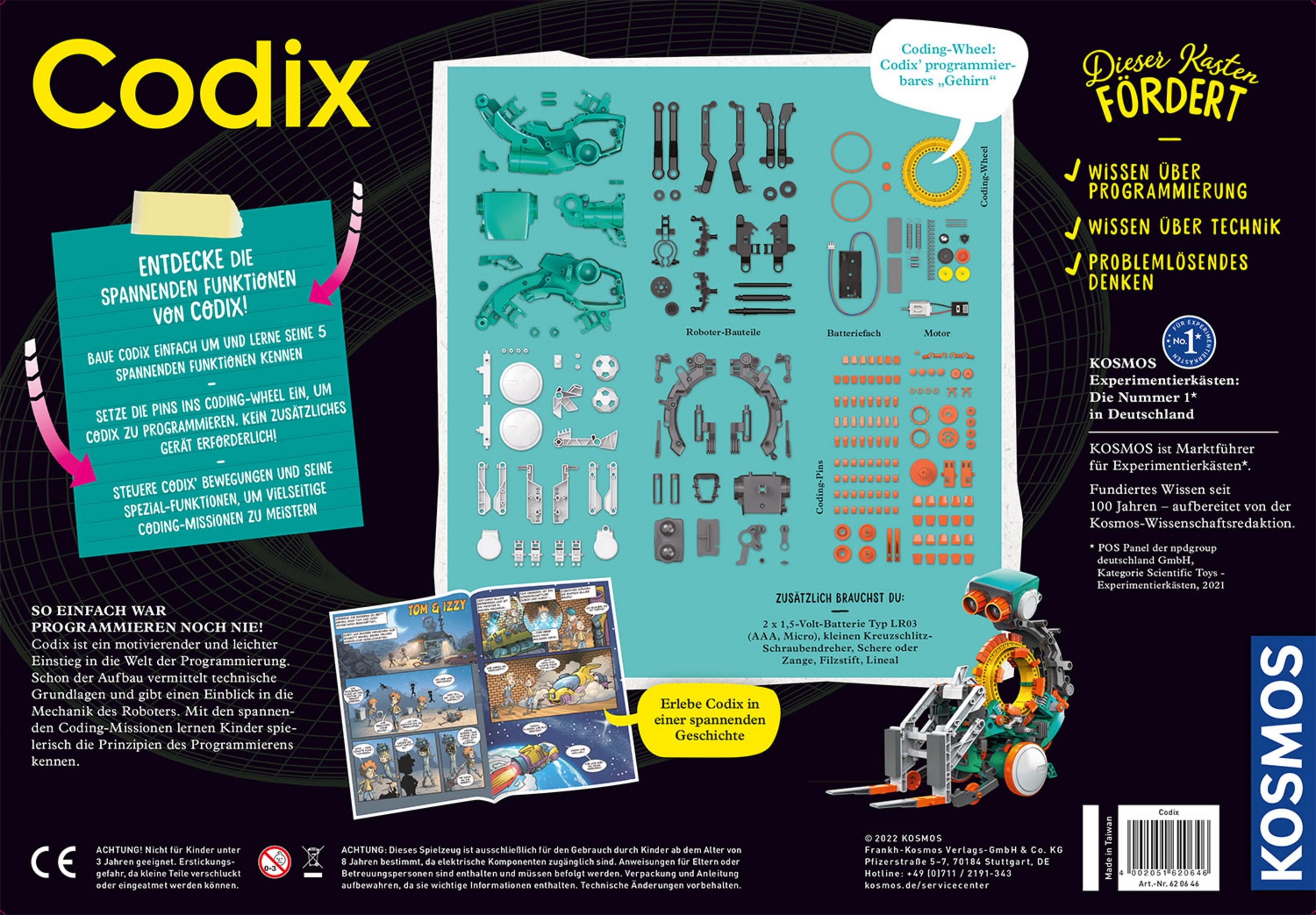 Box mit Bildern von Roboterteilen und einem Comic. Text auf Deutsch.
