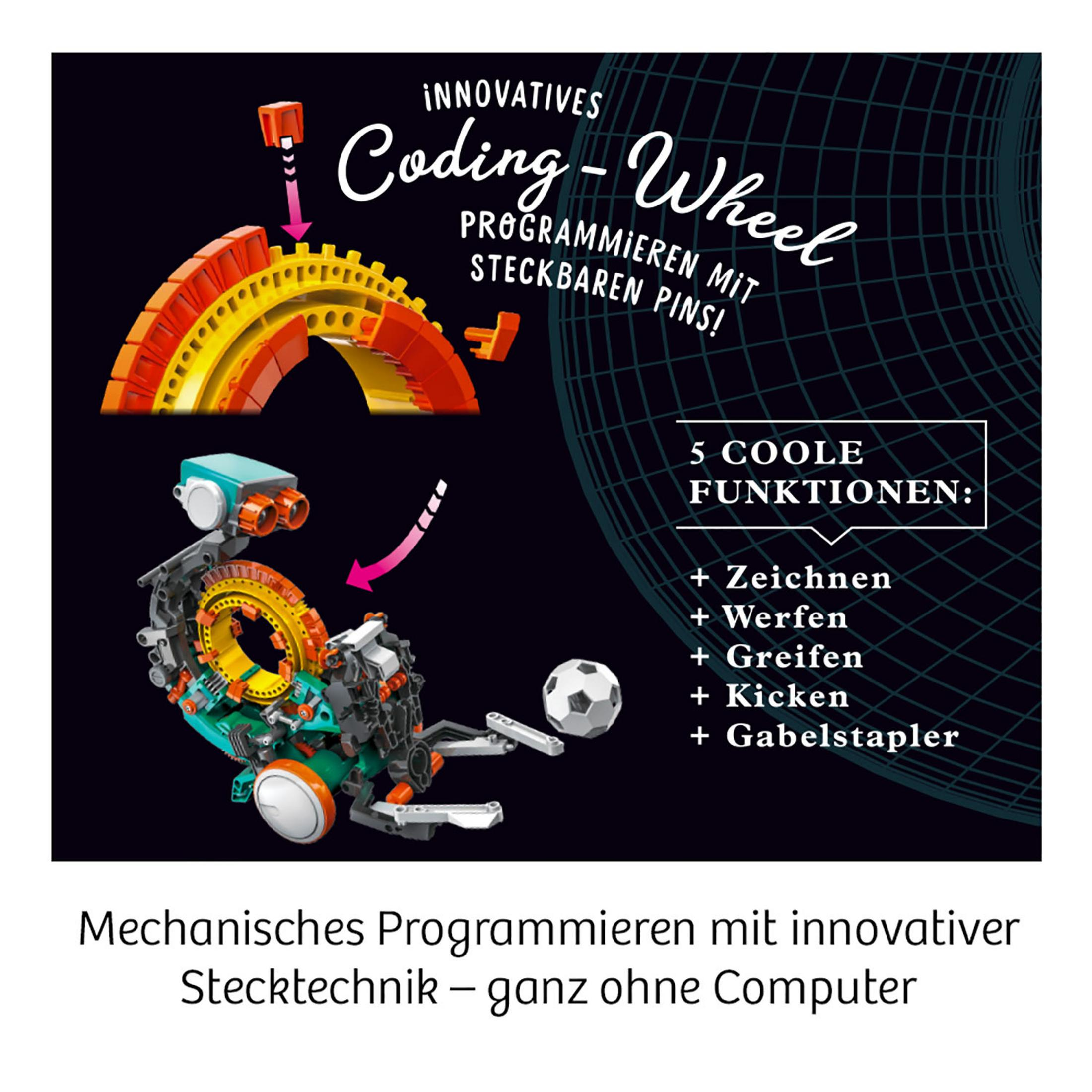 Eine Grafik mit einem Codierrad mit Zahnrädern, Blöcken und einem Fußball, das Programmieren bewirbt.