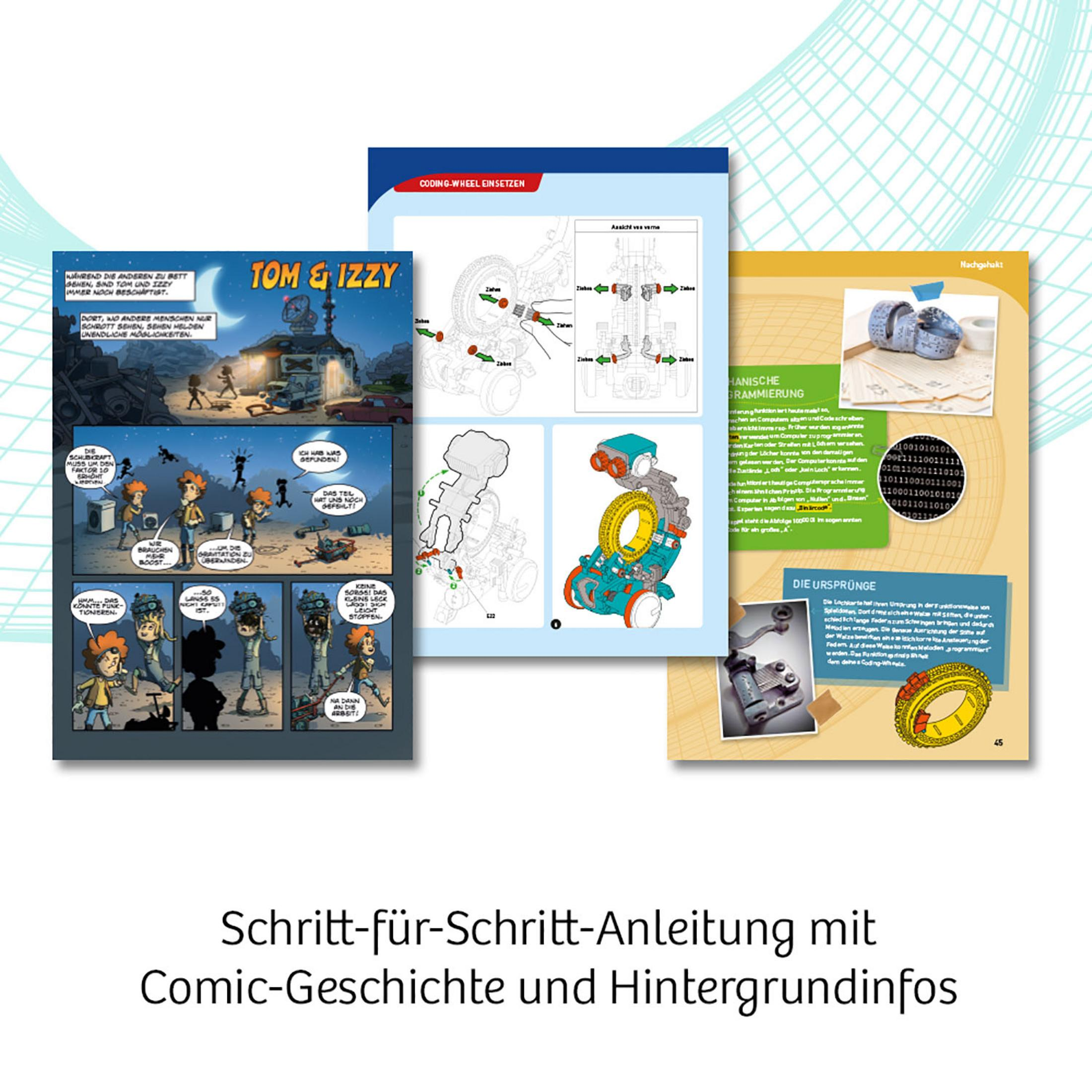 Comic-Seiten mit Illustrationen und Text, die Anweisungen und eine Geschichte über Tom & Izzy zeigen.