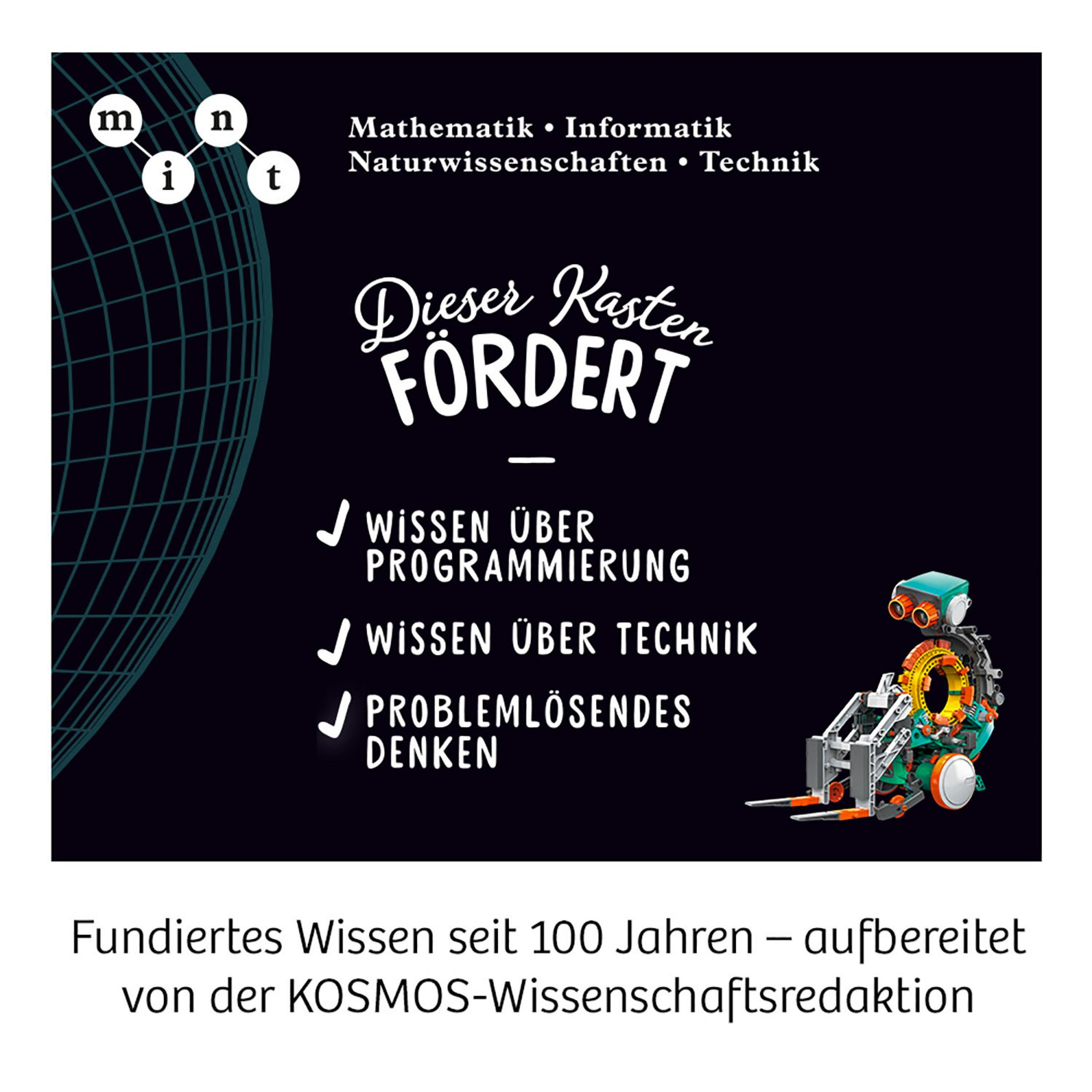 Schwarzer Hintergrund mit weißem Text, der MINT-Bildung und einen Roboter bewirbt.