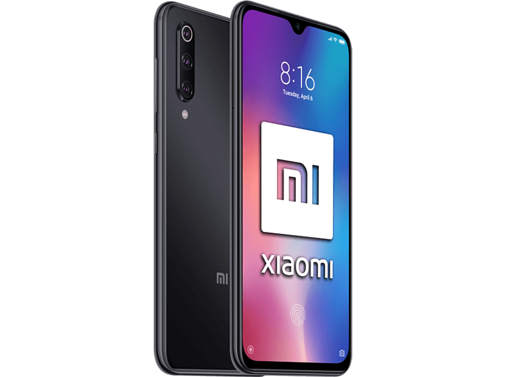 Czarny smartfon z dużym białym logo i kolorowym ekranem.