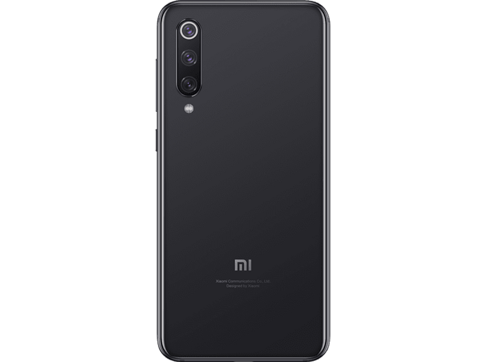 Czarny smartfon, widok z tyłu, z trzema aparatami i nazwą marki na czarnym tle.