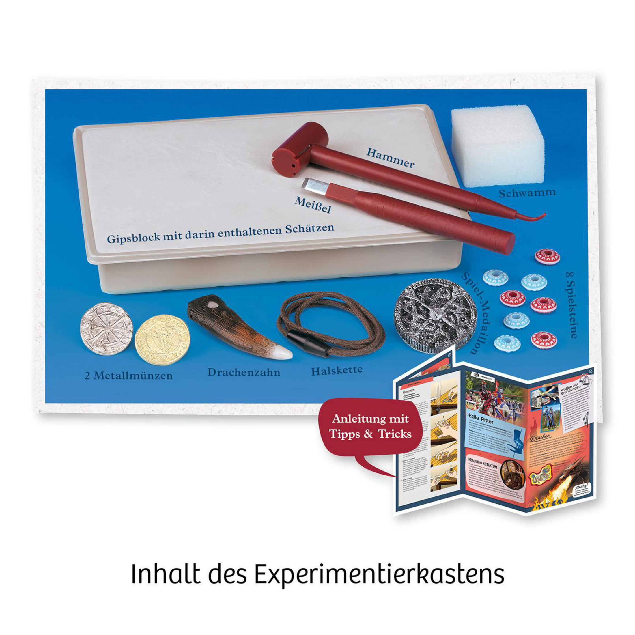 Inhalt des Experimentierkastens: Hammer, Meißel, Schwamm, Münzen, Zahn, Halskette, Medaillen und Anleitung.