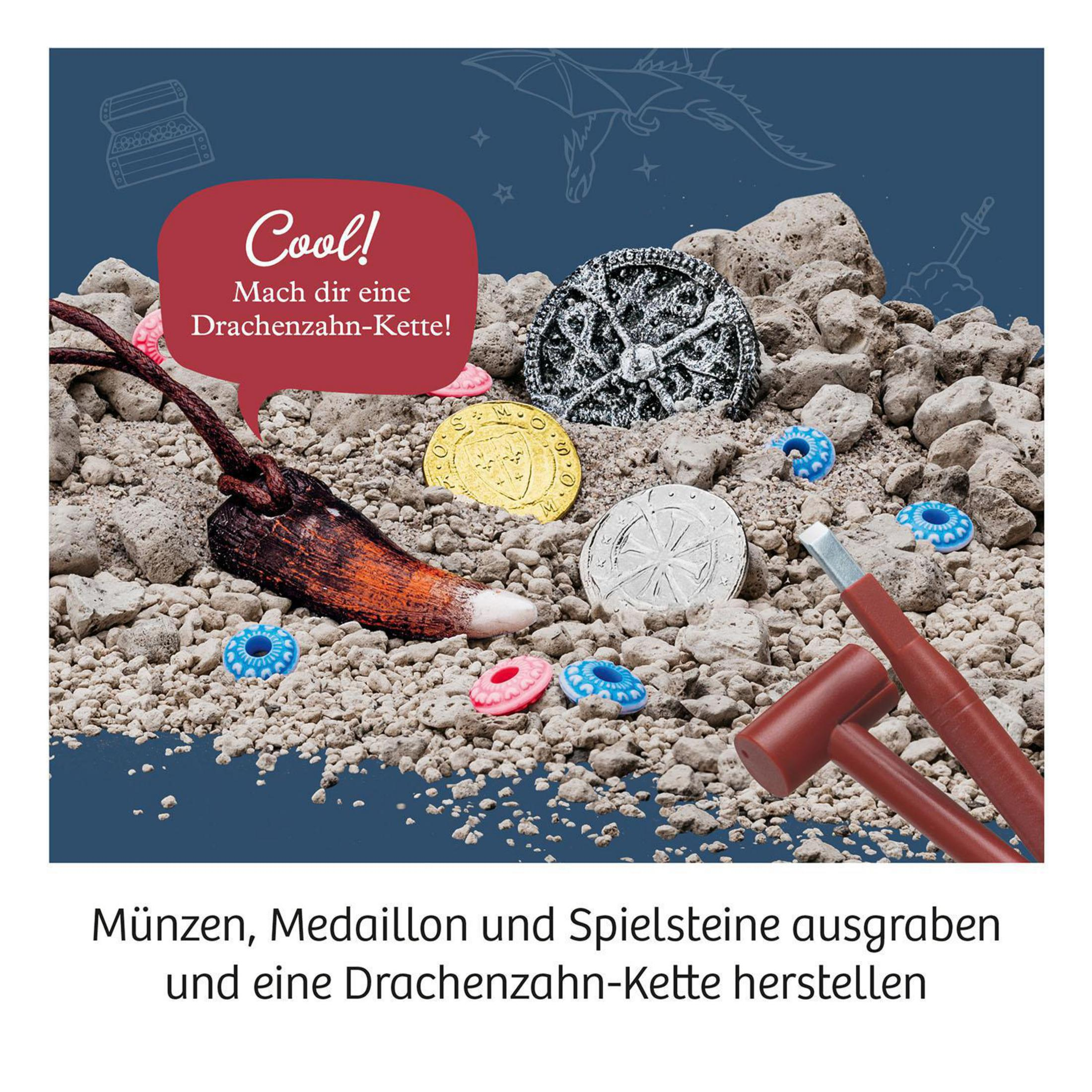 Szene mit Münzen, Steinen und Werkzeugen. Sprechblase: 'Cool! Mach eine Drachenzahn-Kette!'