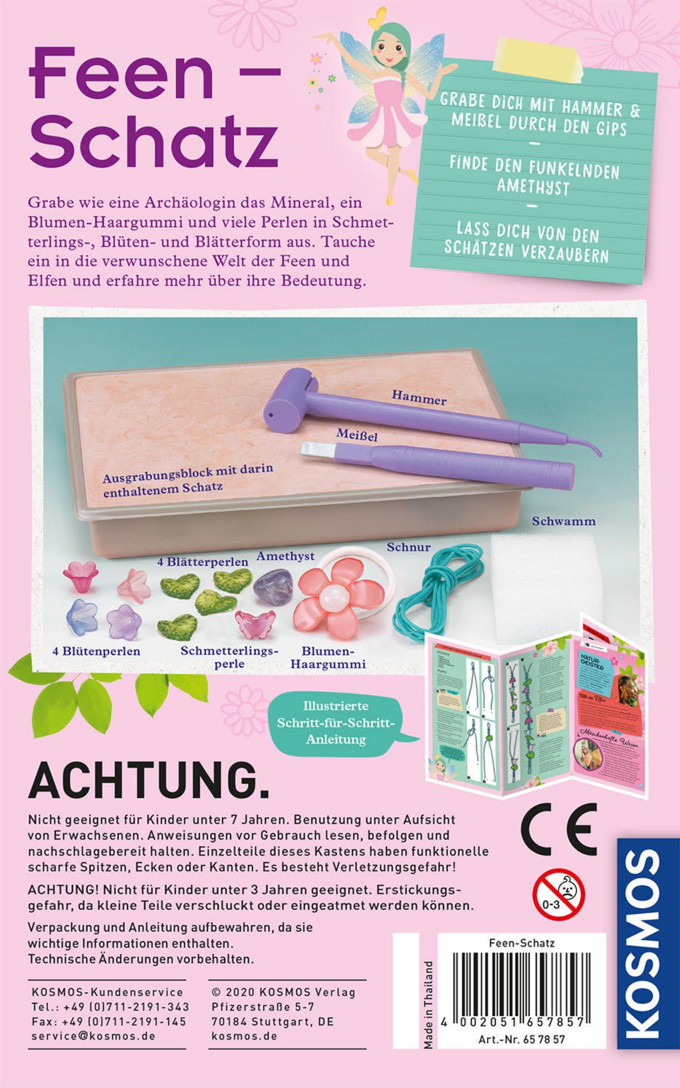 Rückseite einer Brettspielbox mit Text und Illustrationen von Feen, Edelsteinen und Werkzeugen zum Ausgraben.