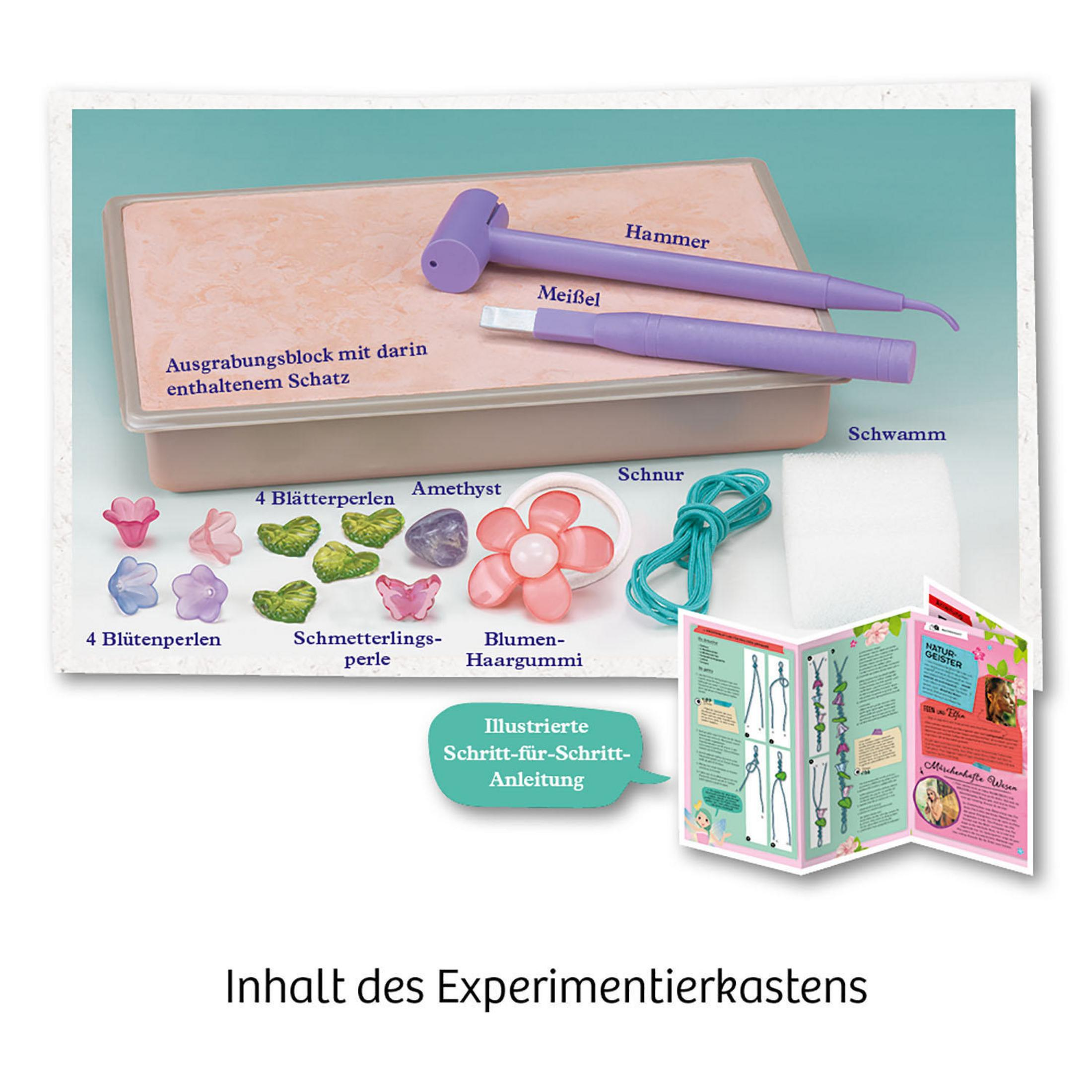 Ein rosa Behälter mit Bastelzubehör: Hammer, Meißel, Perlen und illustrierte Anleitungen.