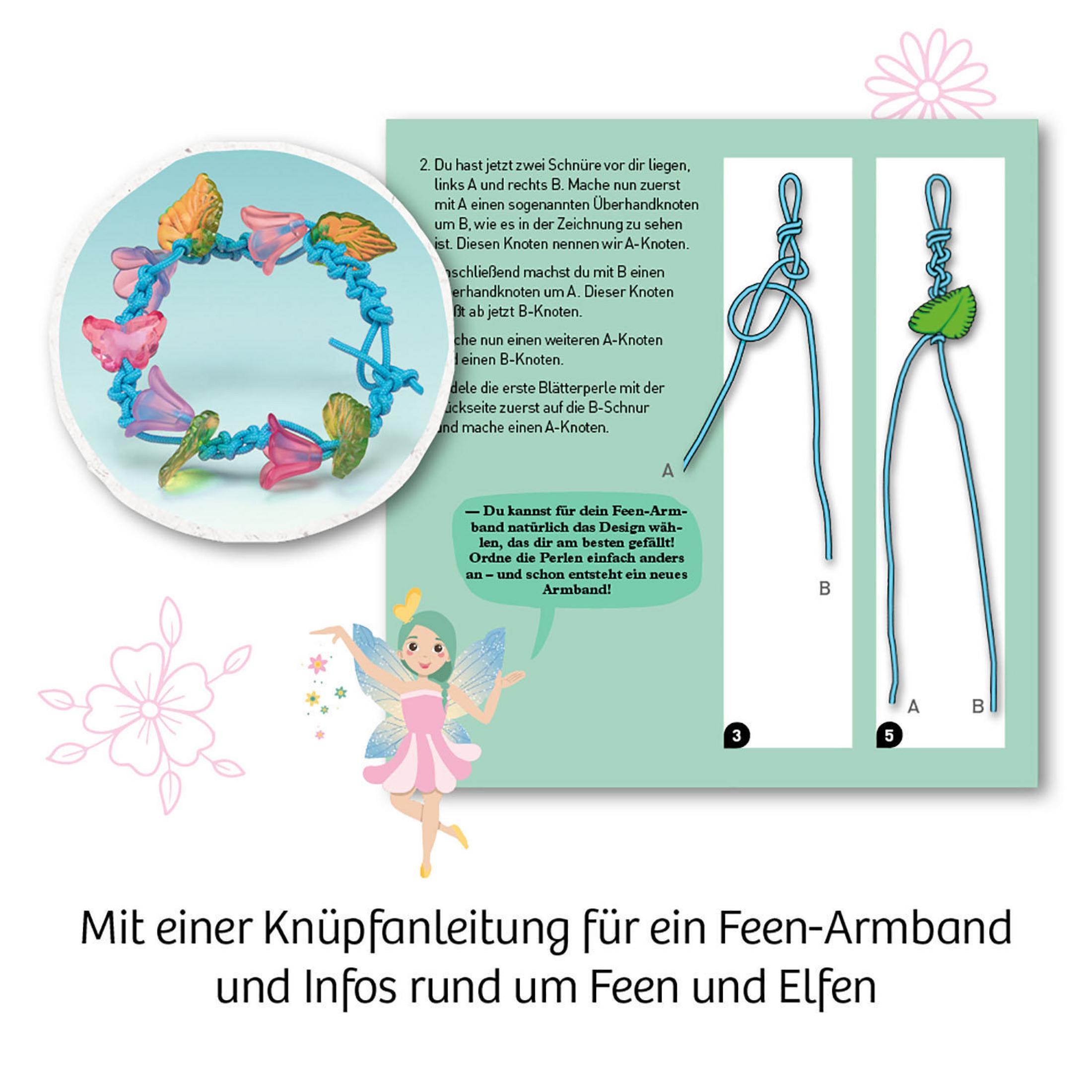 Anleitung und ein rosa Feenarmband, mit Feenillustration, Blumen und Anweisungen.