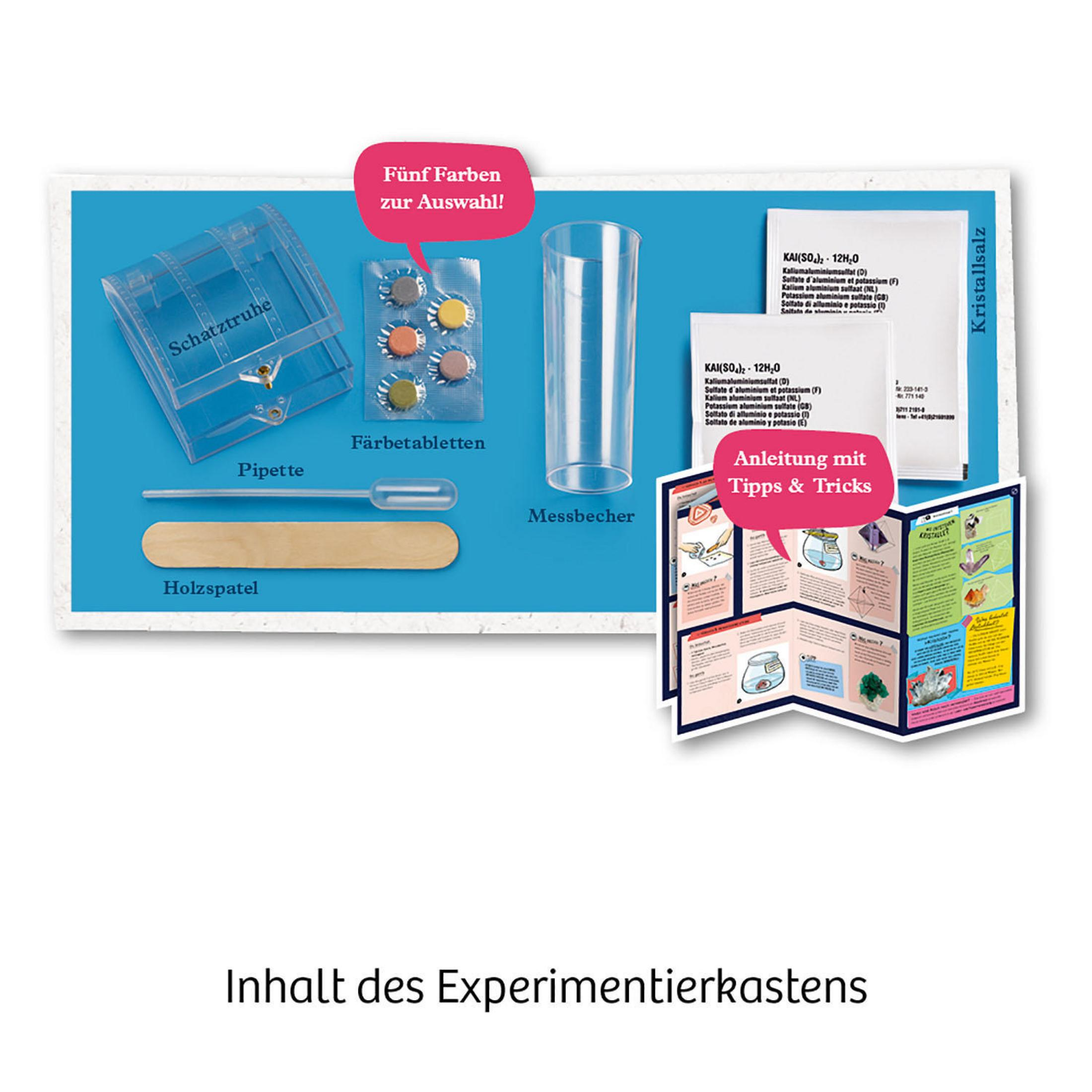 Experimentier-Set mit Bechern, Tabletten und Anleitungen. Es gibt eine blaue Truhe und eine Pipette.