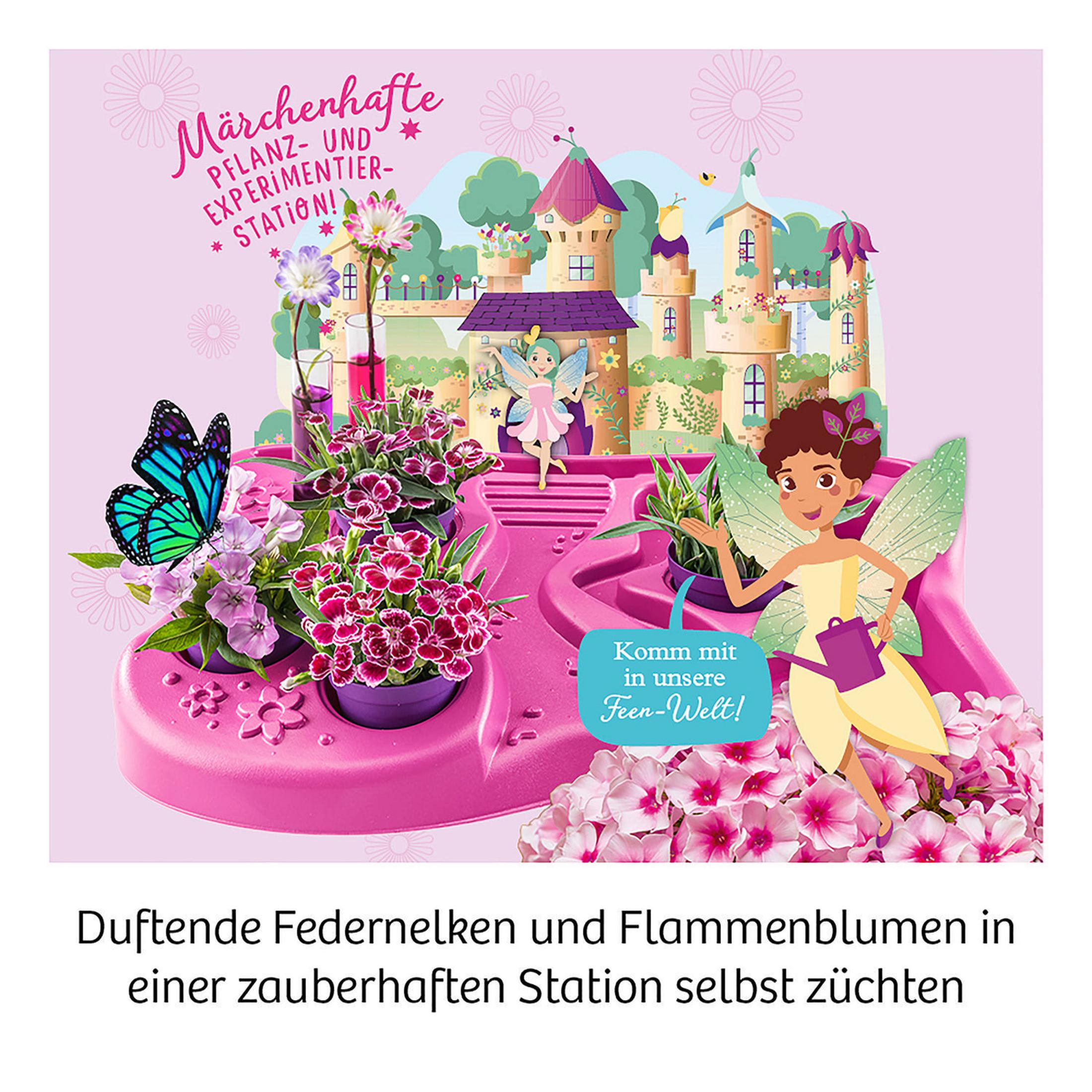 Feen-Garten-Setup mit Blumen und Feen. Rosa und grüne Farben.