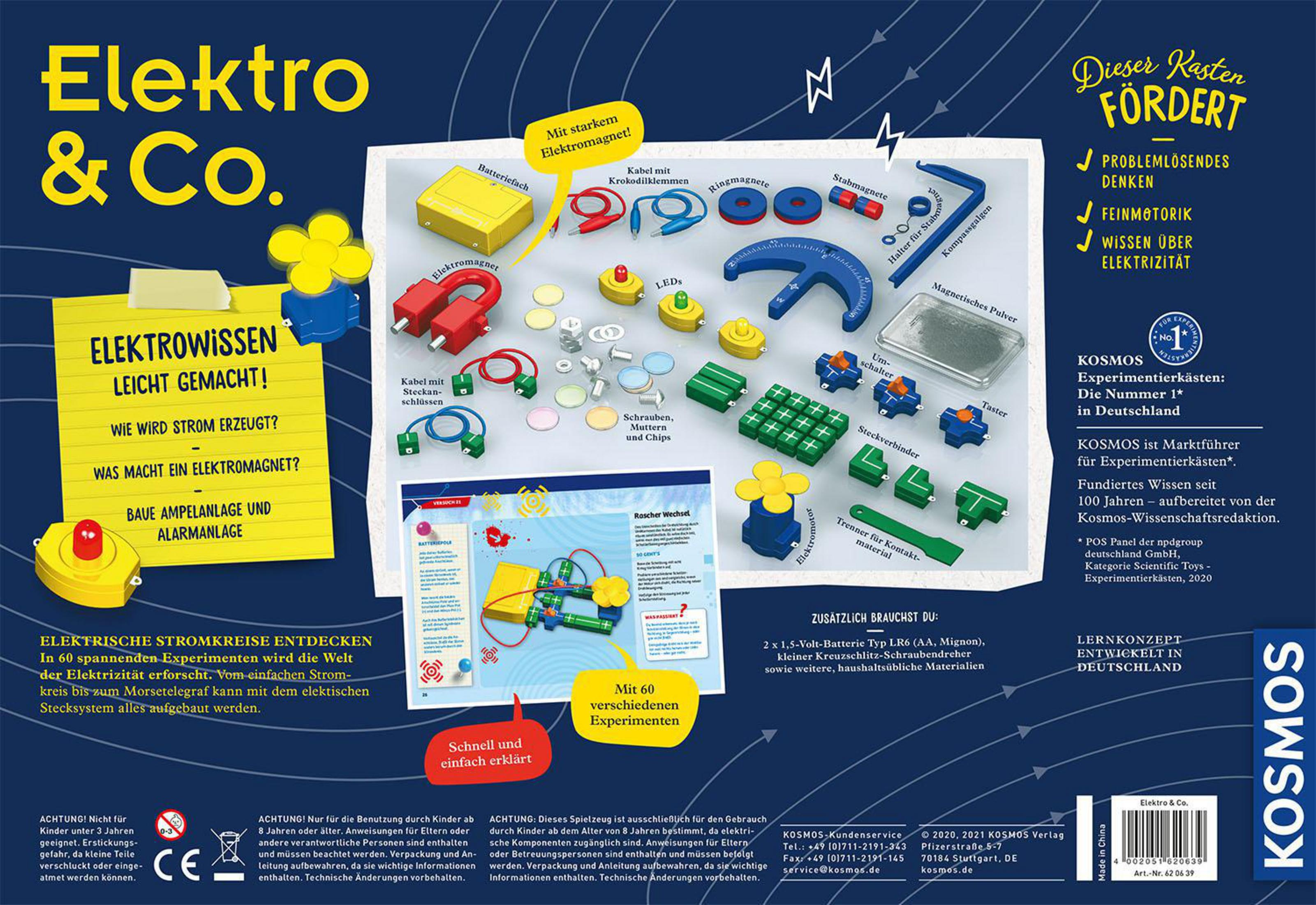 Box eines Kinder-Experimentierkastens mit verschiedenen elektronischen Komponenten und Illustrationen.