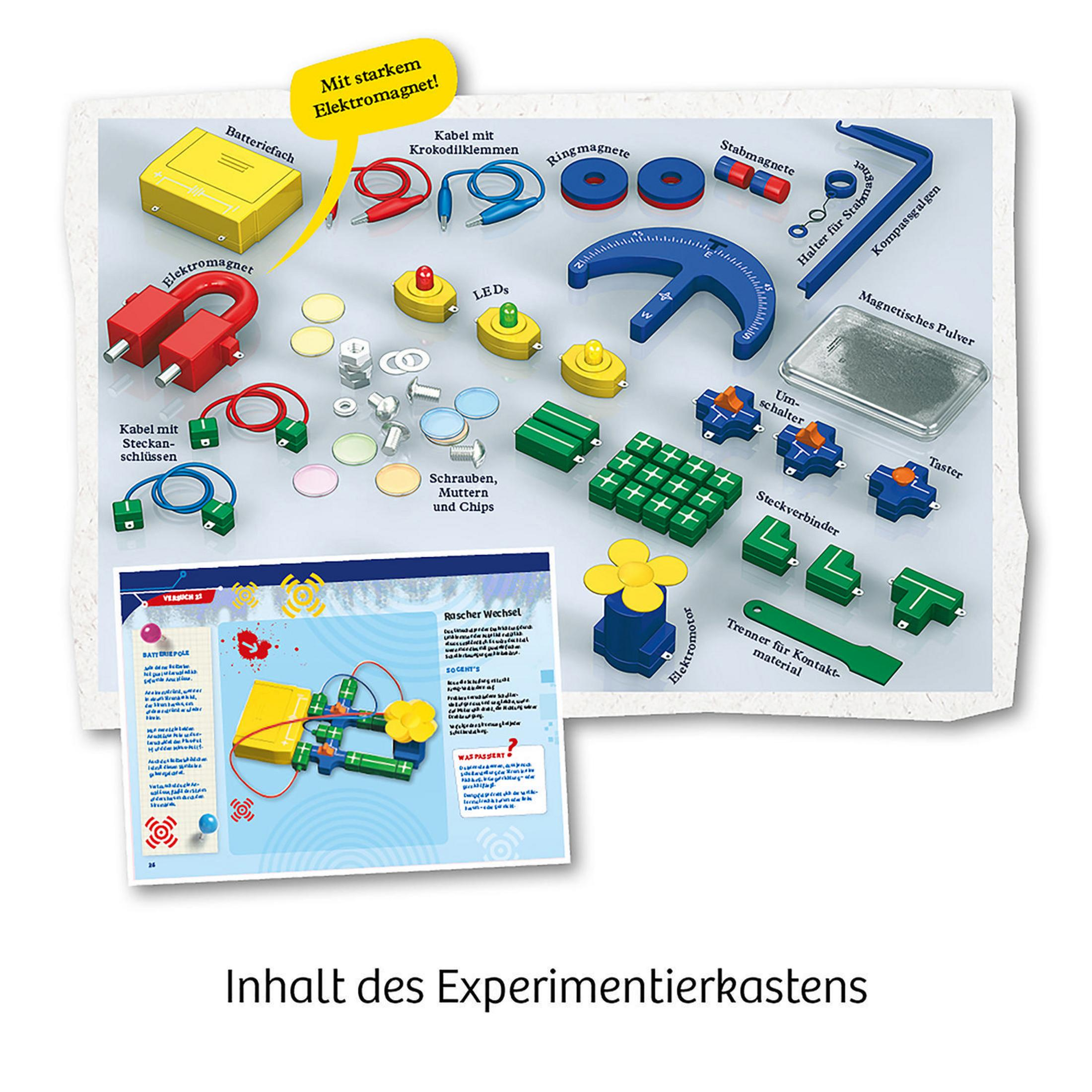 Experimentierkasten mit elektronischen Bauteilen und Schaltplan.