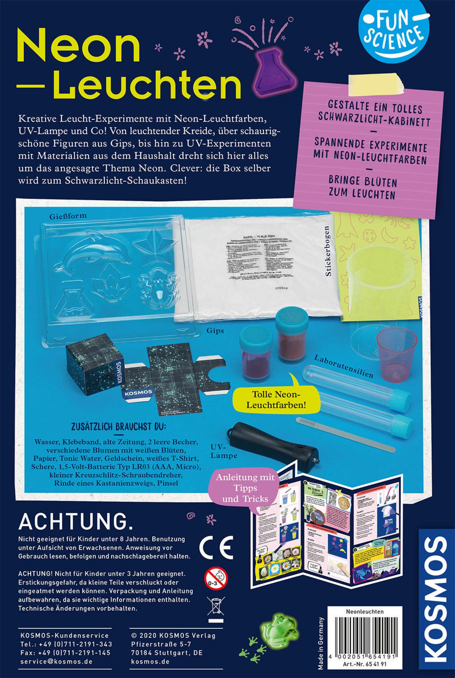 Rückseite einer Neonlichter-Experimentierkasten-Box. Sie zeigt den Inhalt und Anweisungen für die Experimente.