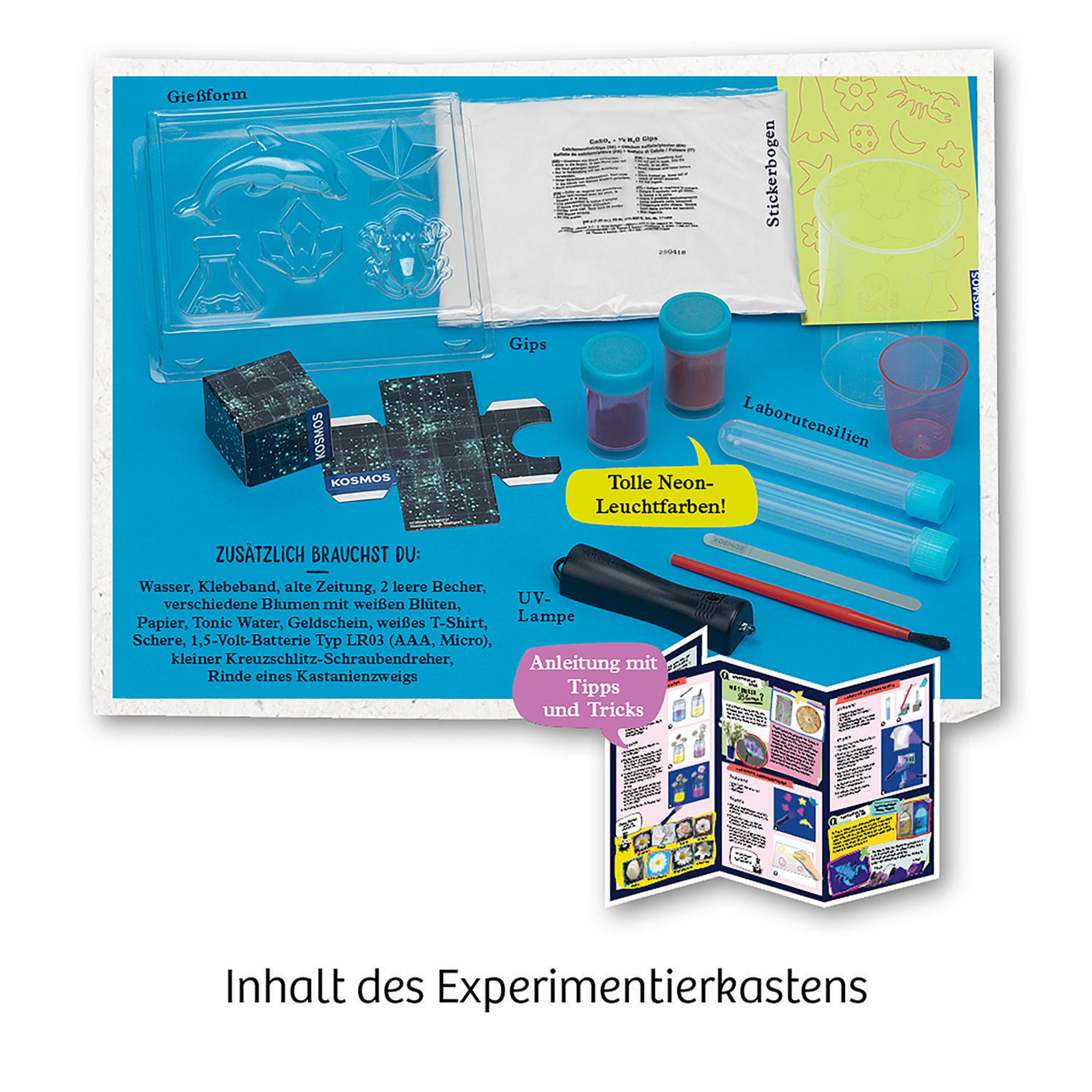 Experimentier-Set mit Behältern, Pulvern und Anleitungen. Enthält eine UV-Lampe.