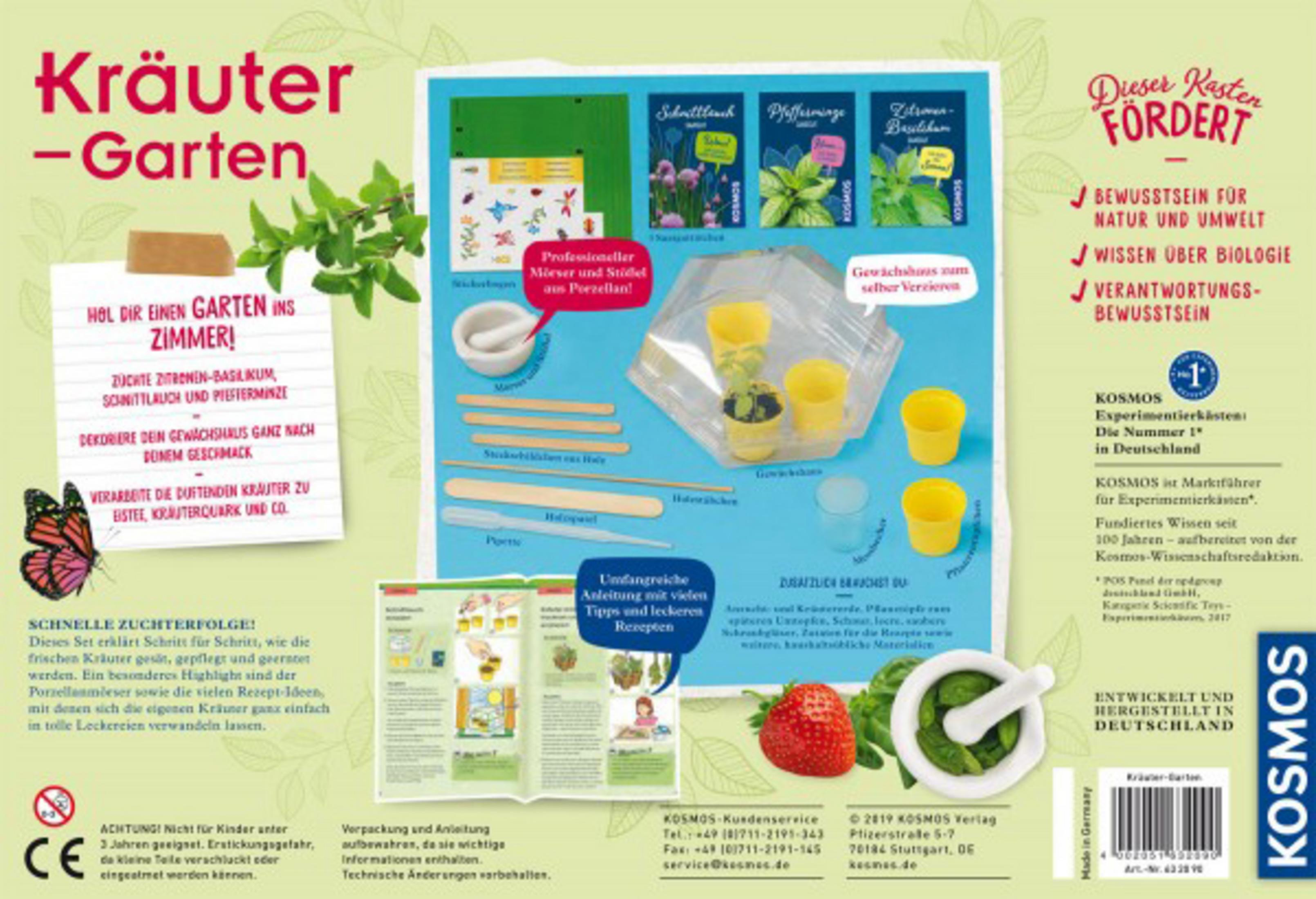 Box mit Garten-Set-Inhalten: Samen, Töpfe, Erde und Werkzeuge für den Kräuteranbau.