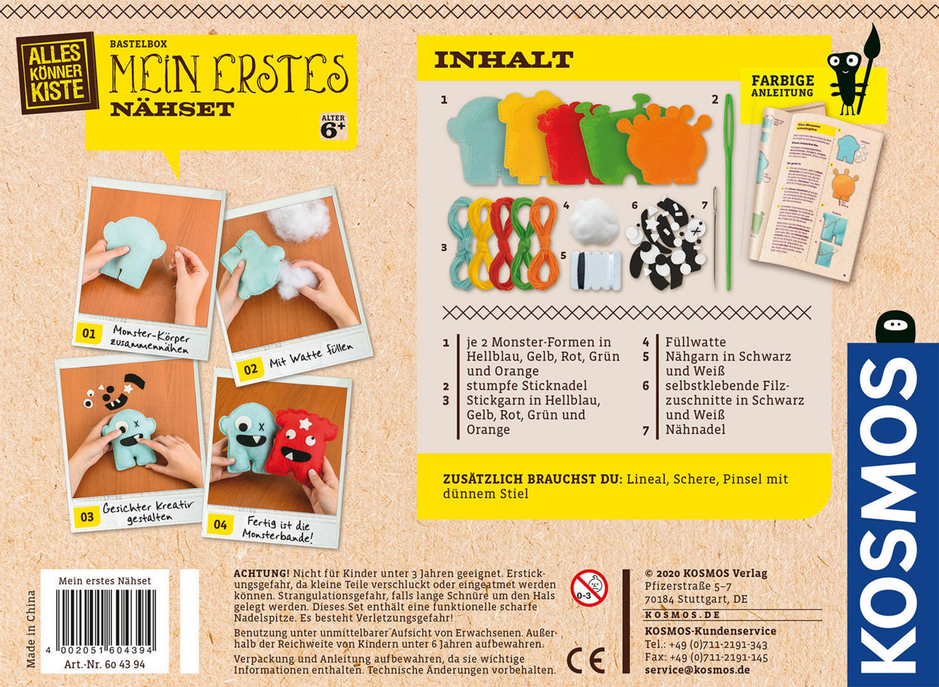 Una scatola di kit di artigianato con istruzioni e materiali per realizzare mostri.