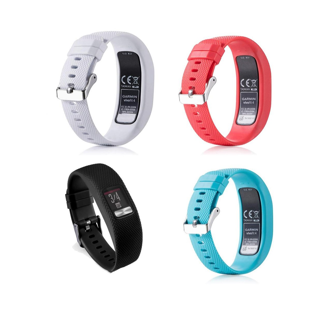 Cztery opaski fitness Garmin Vivofit 4 w kolorach białym, czerwonym, czarnym i niebieskim.
