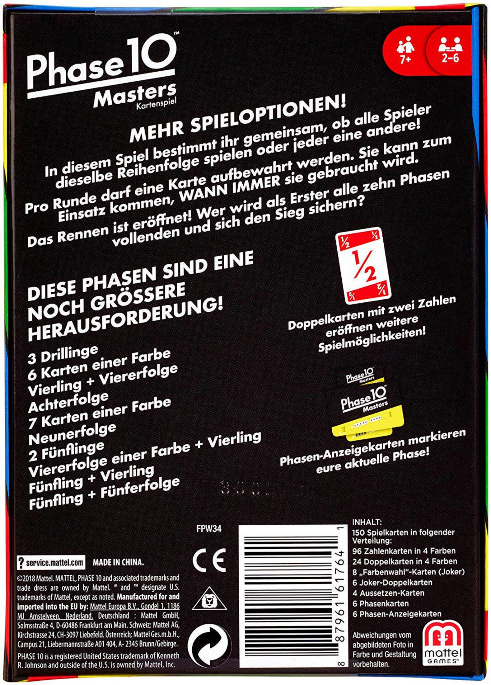 Rückseite einer Phase 10 Masters Kartenspielbox mit Spielregeln und Kartenbeschreibungen.