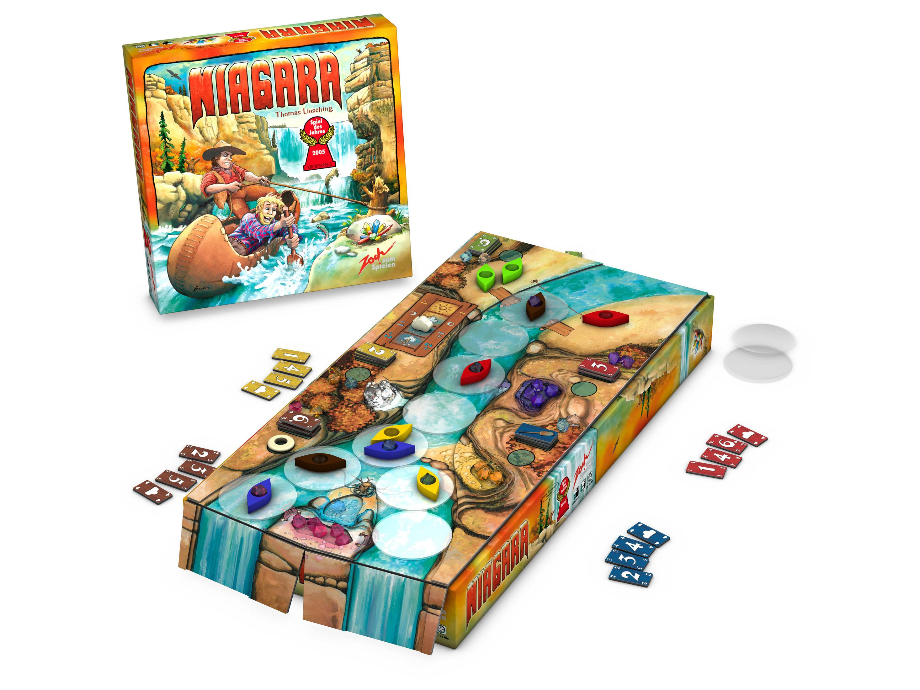 Brettspiel mit Fluss, Kanus und Spielsteinen. Der Spielname ist Niagara.