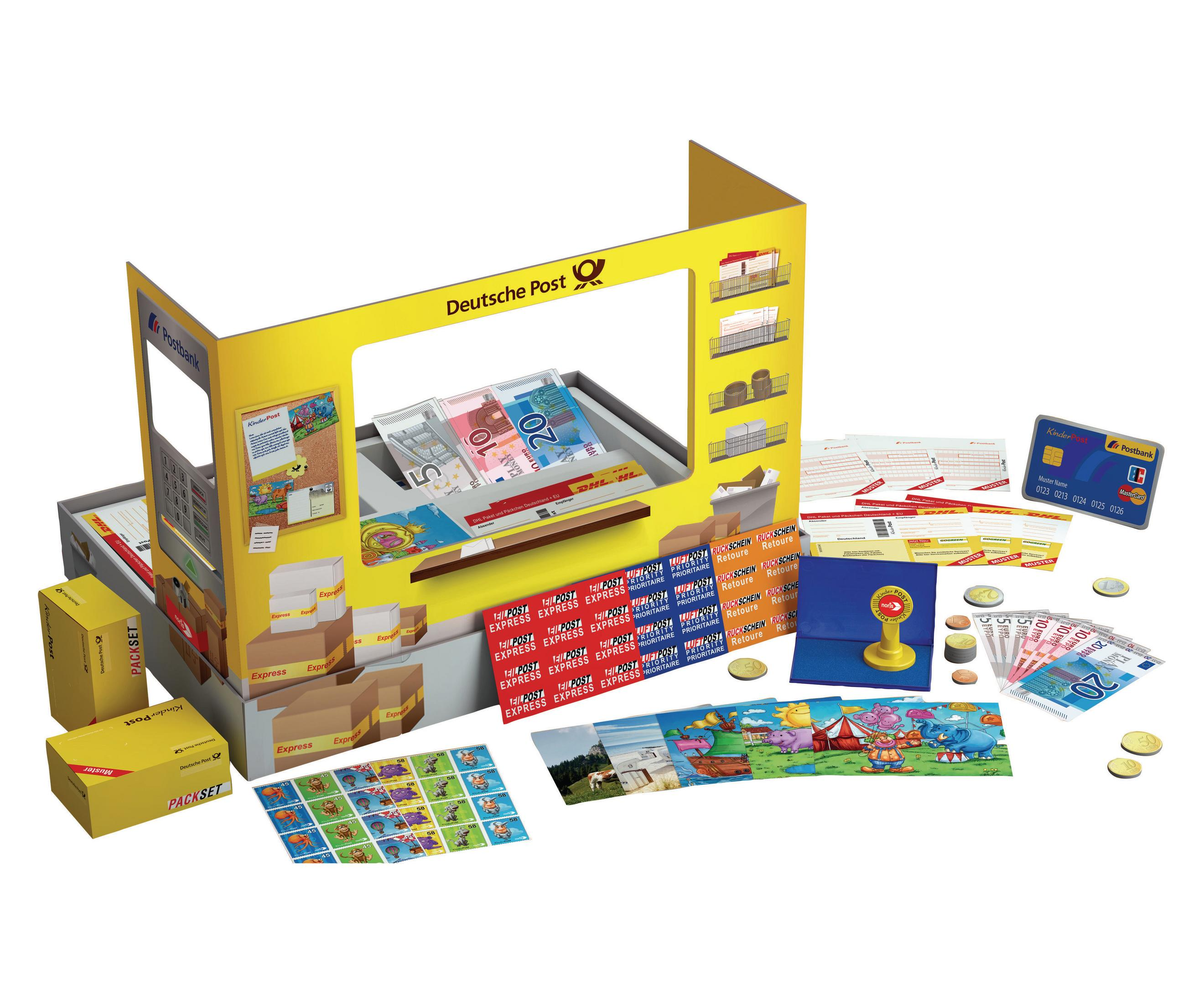 Ein gelbes Postamt-Spielset mit Geld und Spielzeug.