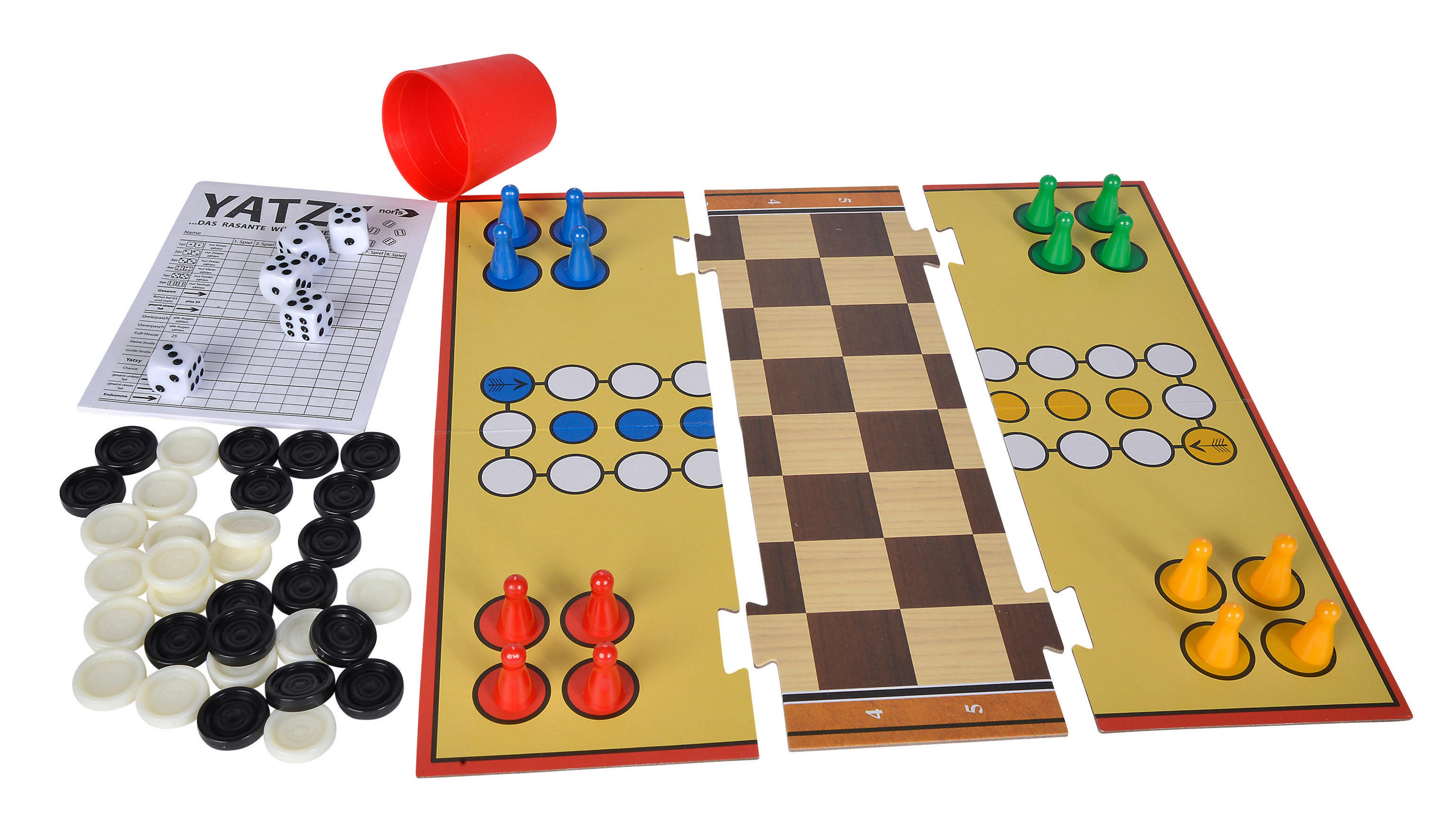 Yahtzee-Brettspiel: Würfel, Becher, Spielsteine und Wertungszettel. Gelb, Holz.