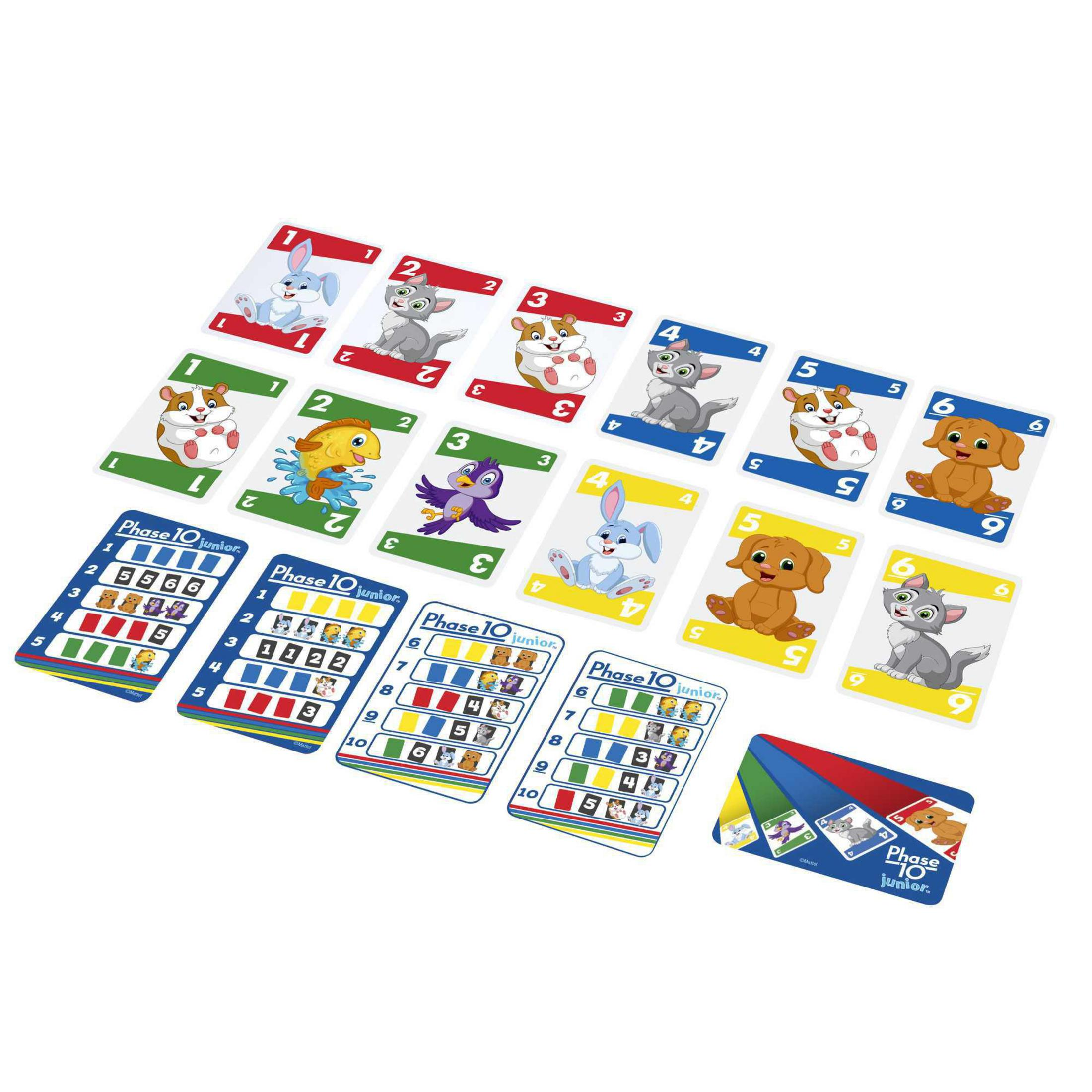 Gioco di carte Phase 10 Junior con diverse carte con animali e numeri.