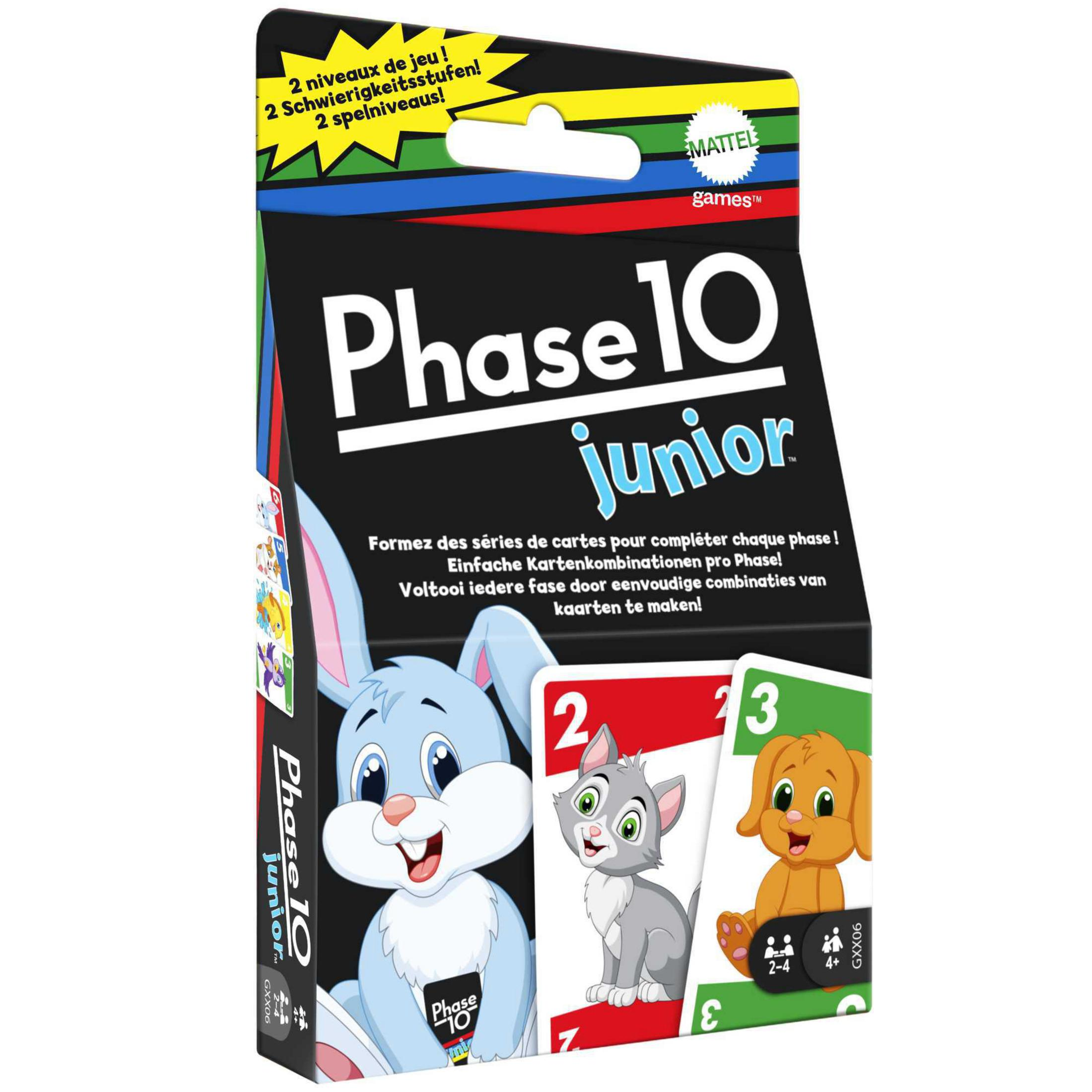 Scatola del gioco Phase 10 Junior. Un coniglio, un gatto e un cane dei cartoni animati sono sulla copertina.