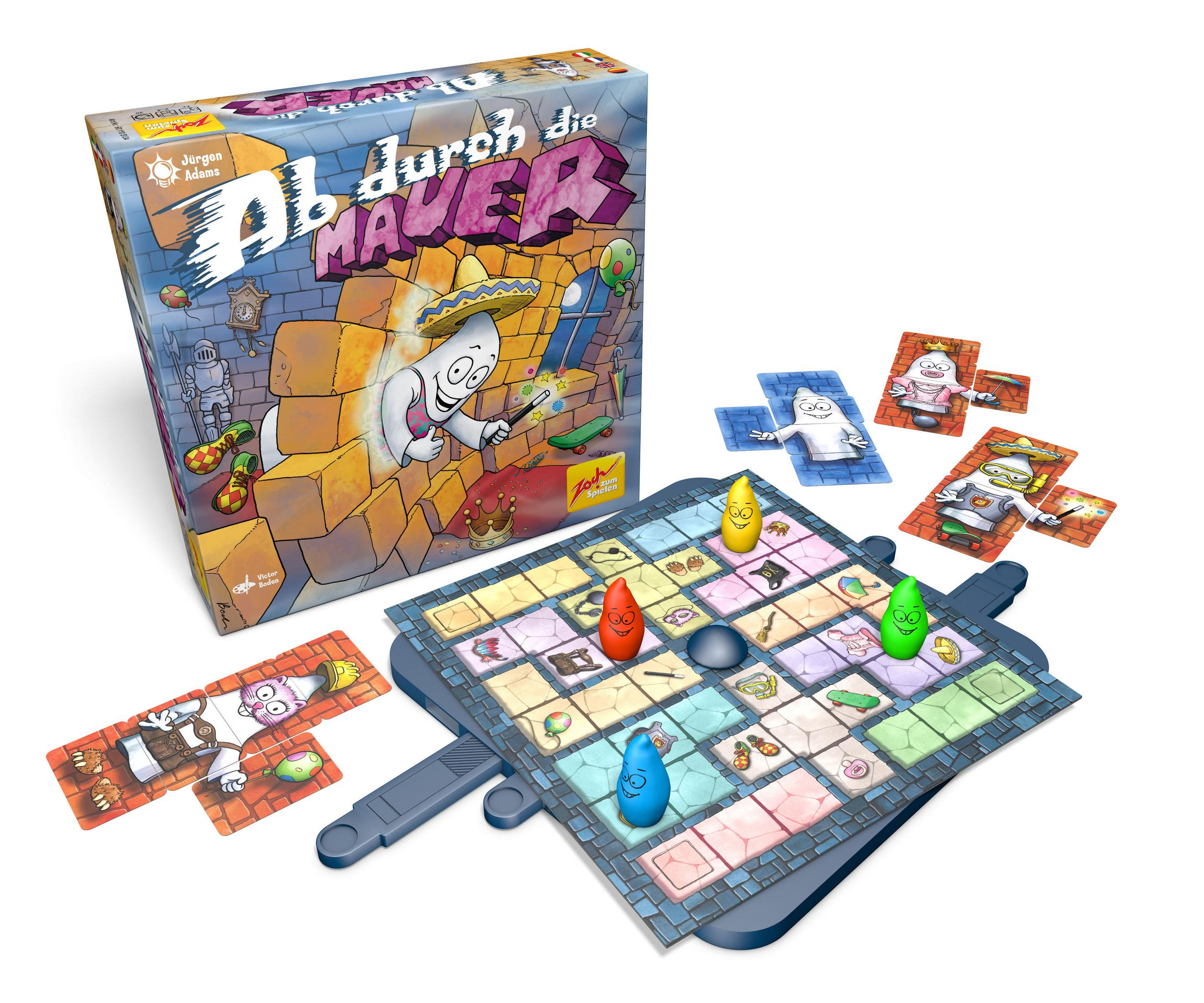 Ein Brettspiel mit Spielsteinen und Karten. Eine Schachtel mit dem Titel des Spiels 'Ab durch die Mauer' ist sichtbar.