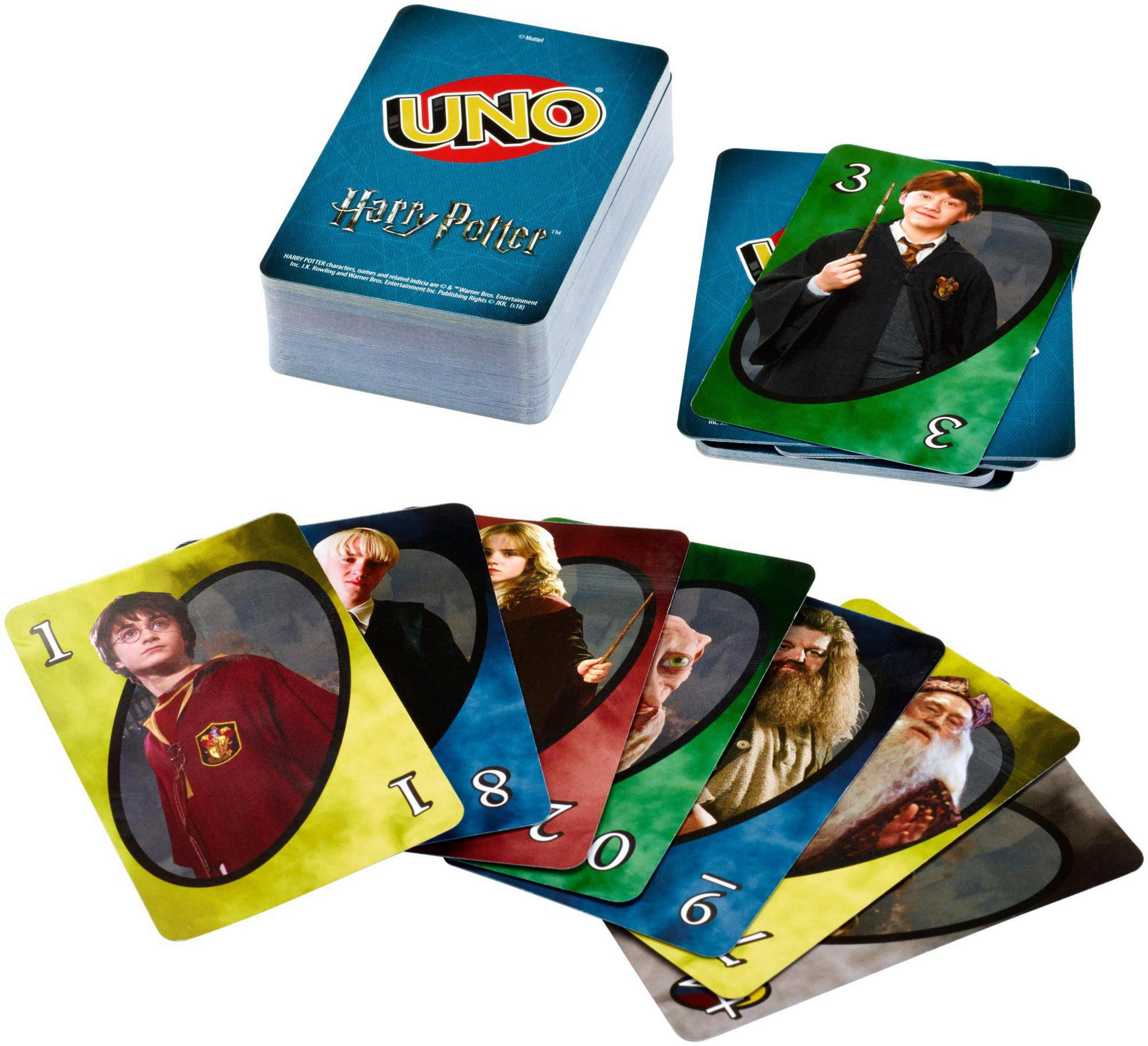Jeu de cartes Uno Harry Potter. Un jeu et des cartes avec des personnages sont affichés.