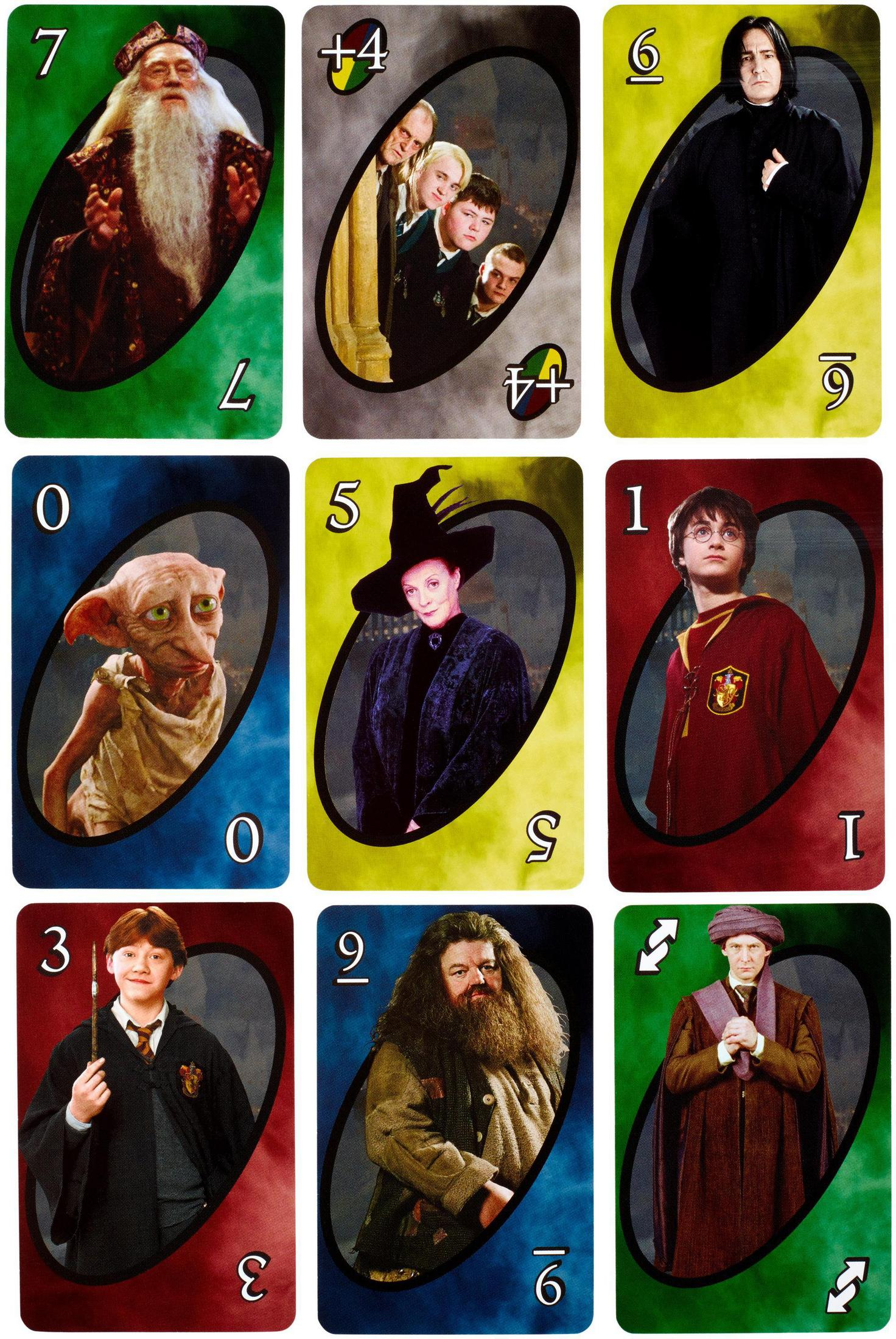 Nove carte Uno con personaggi di Harry Potter sono esposte su sfondo bianco.