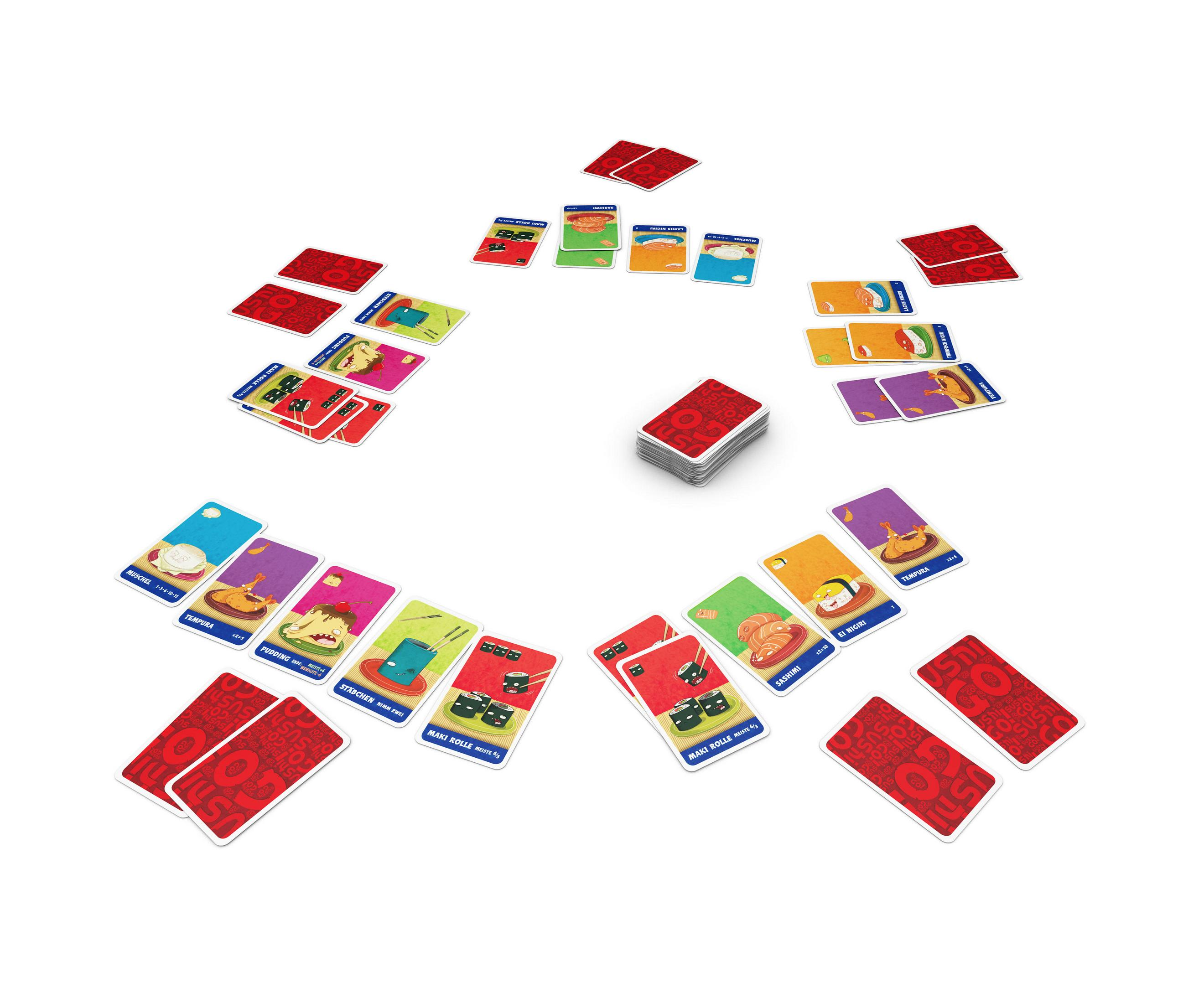 Kartenspiel auf einer Oberfläche angeordnet. Karten sind rot und bunt. Kartenstapel.