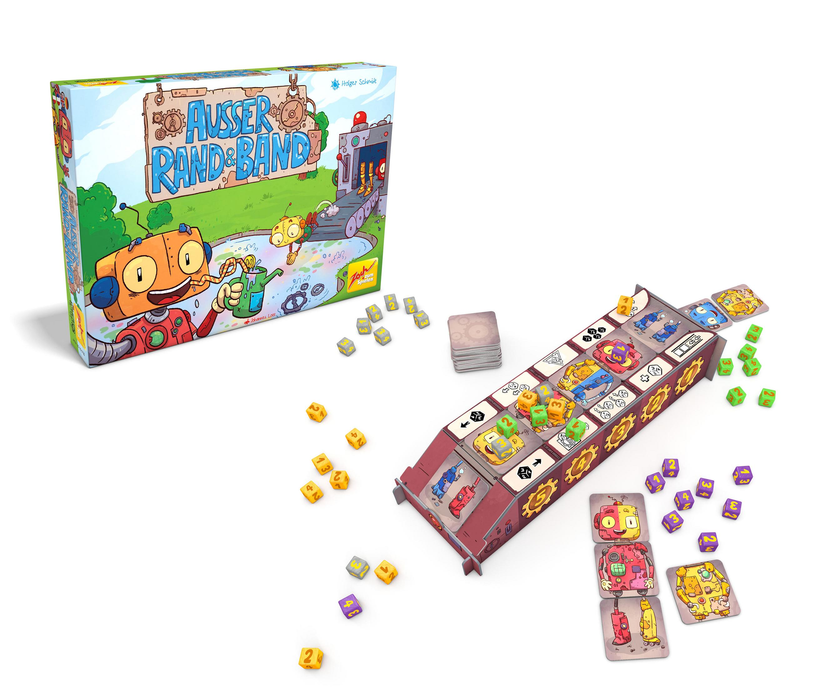 Brettspiel mit Box und Komponenten. Das Spiel heißt 'Ausser Rand & Band'.