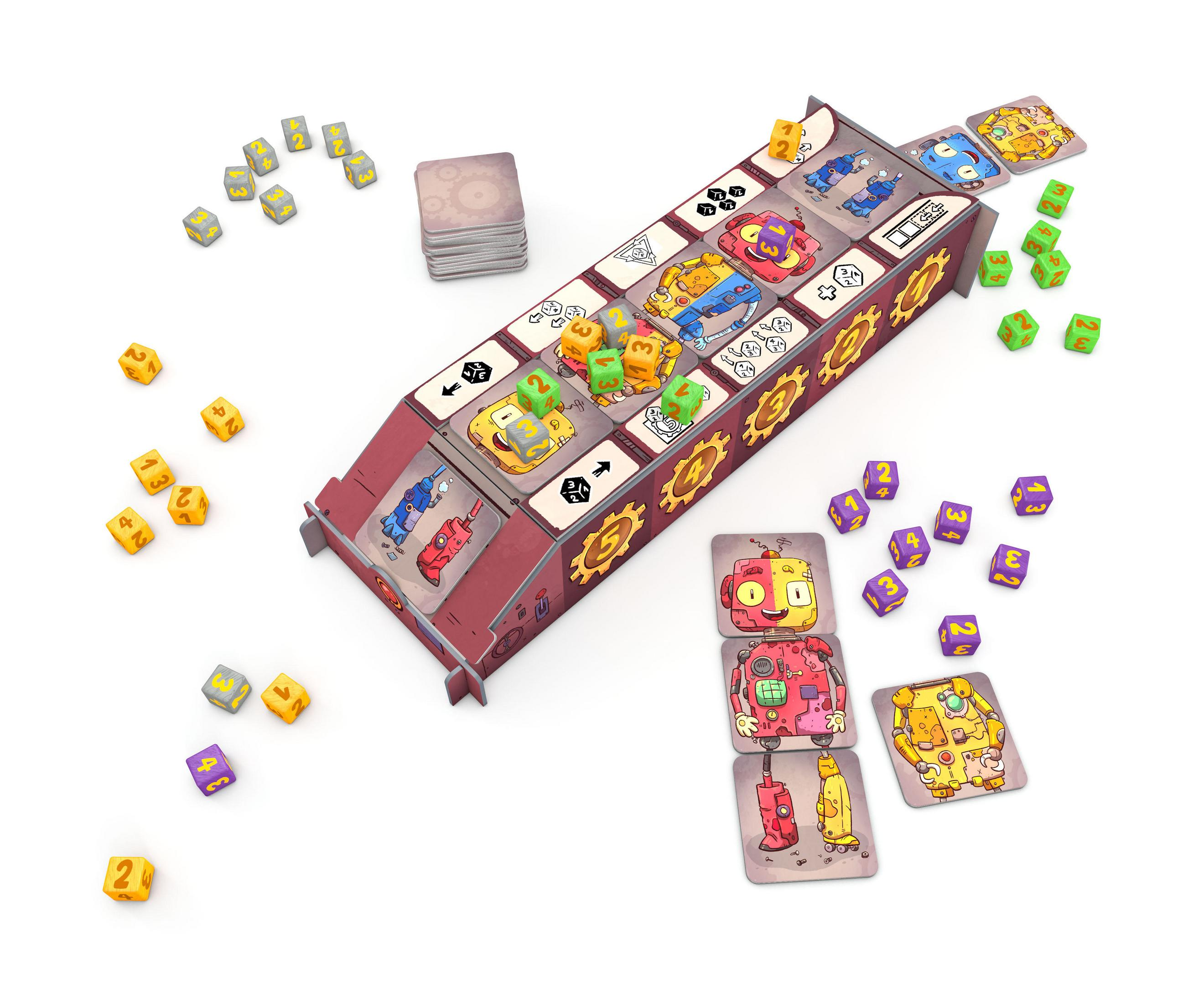 Brettspiel mit Roboterkarten, Würfeln und Spielsteinen. Ein roter und blauer Roboter.