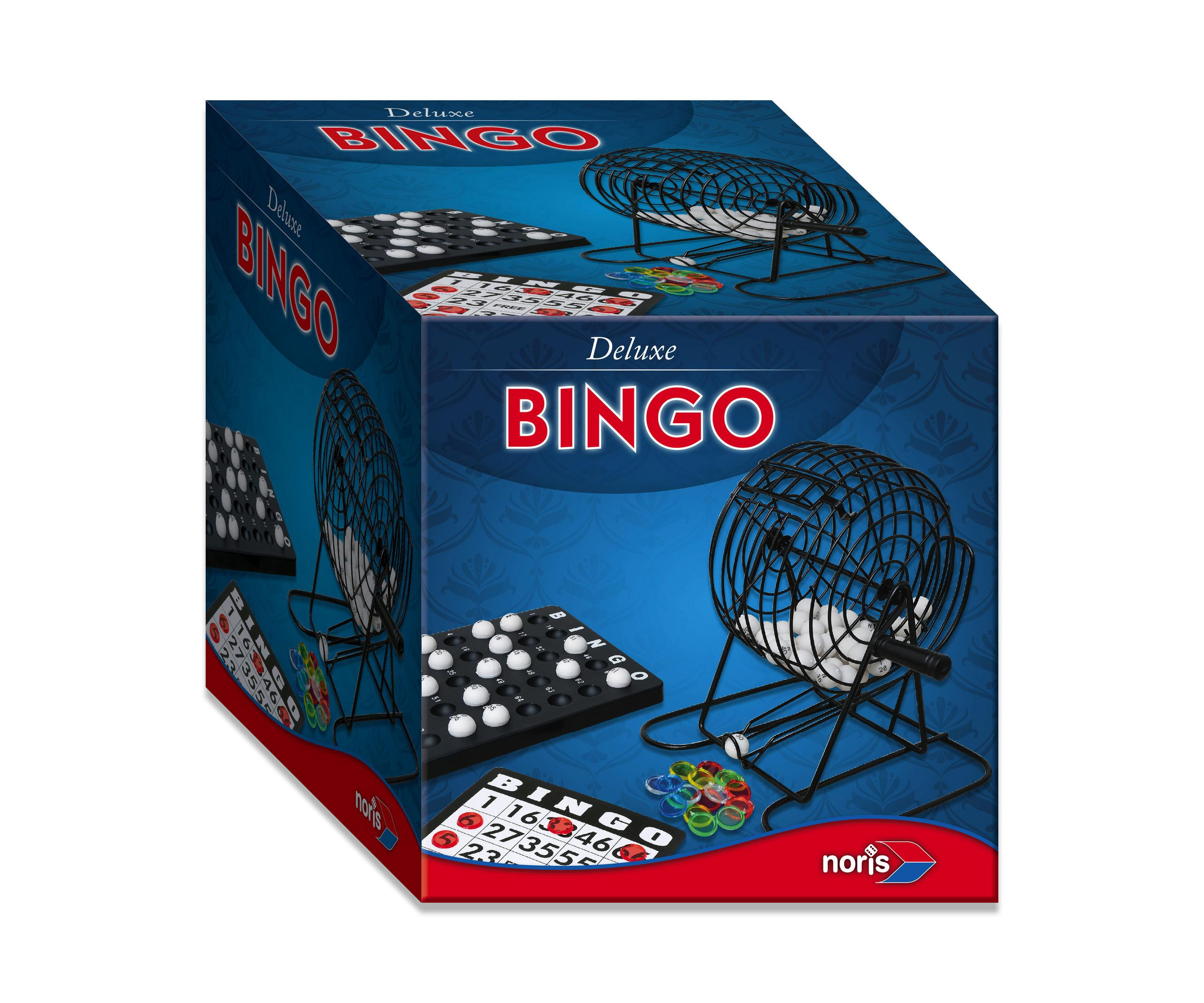 Deluxe Bingo Spielbox mit Bingo-Käfig, Kugeln, Karten und Markern.