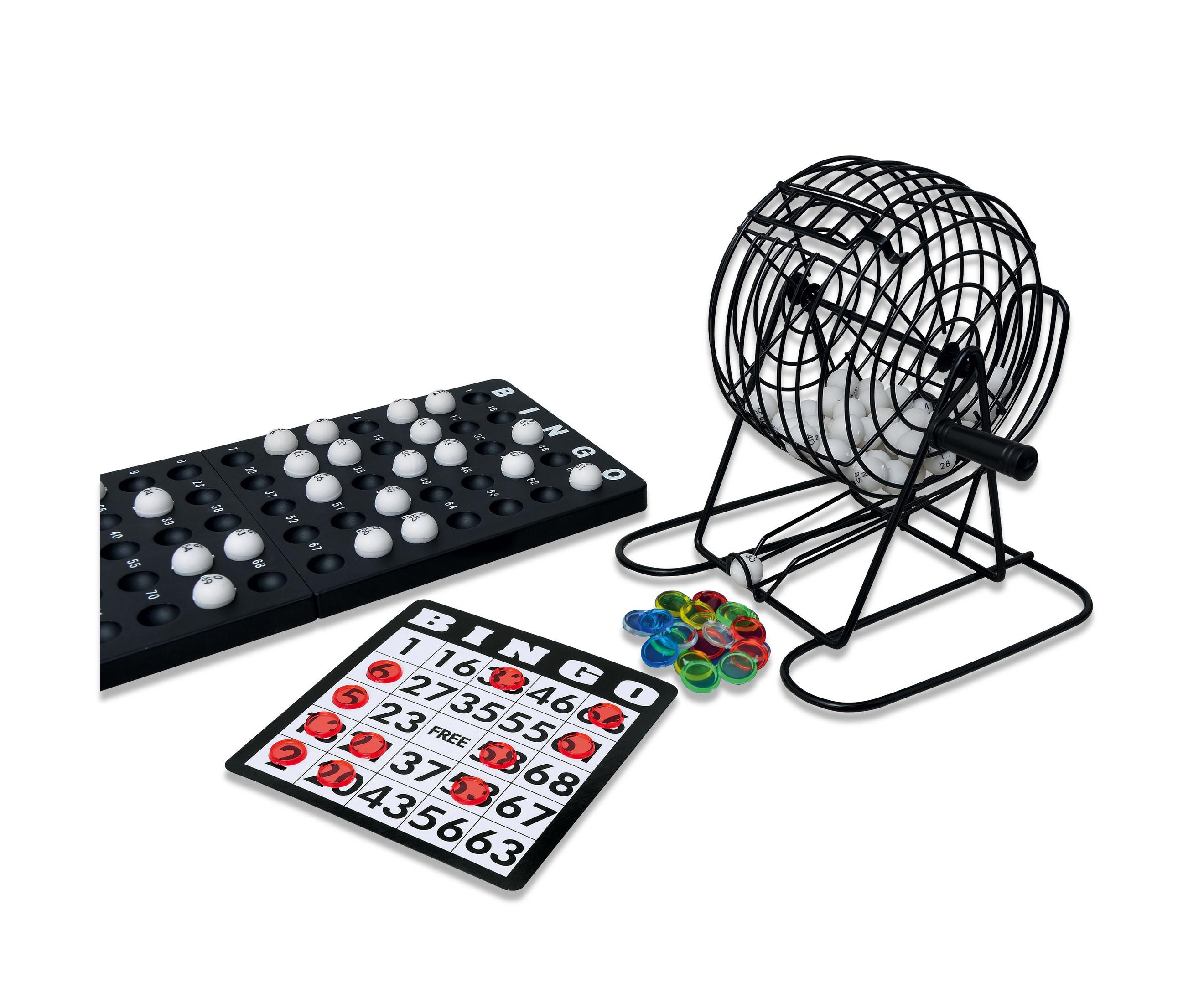 Bingo-Spielset: Käfig, Kugeln, Karten und Marker.