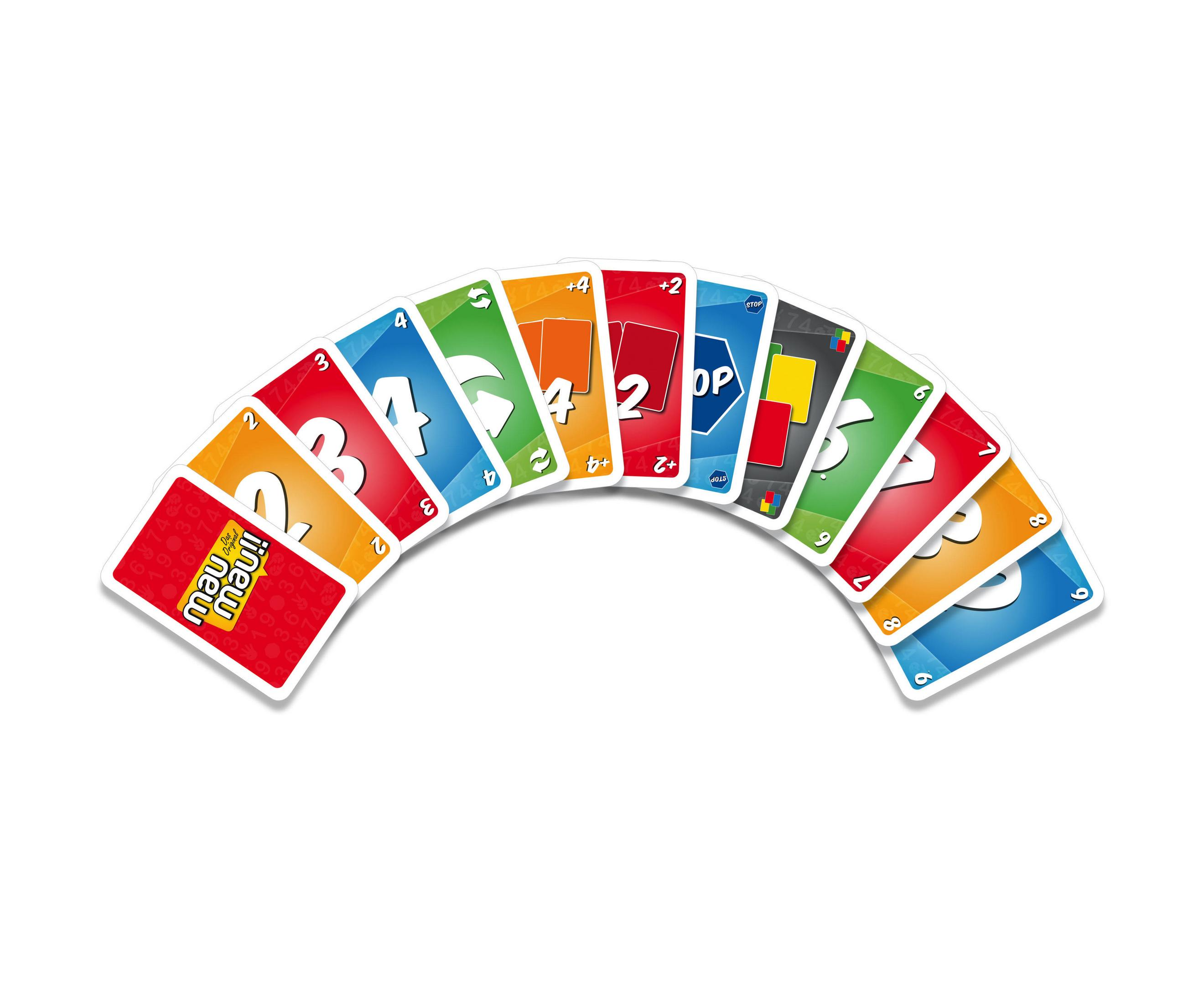 Cartes en éventail, couleurs et chiffres variés. Le jeu s'appelle Mau Mau.