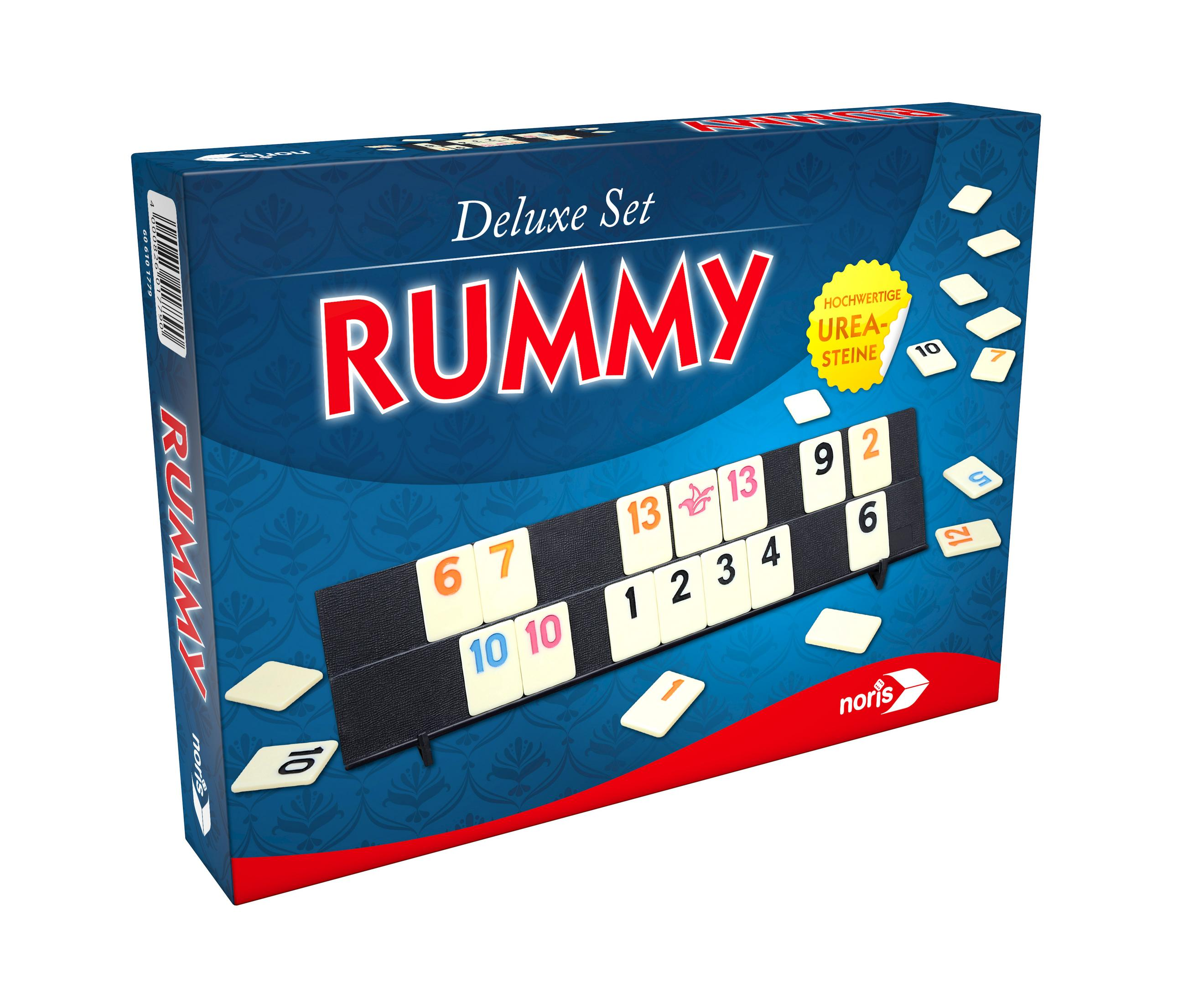 Rummy Deluxe Set Spielbox. Die Box ist blau und hat Spielsteine und Zahlen.