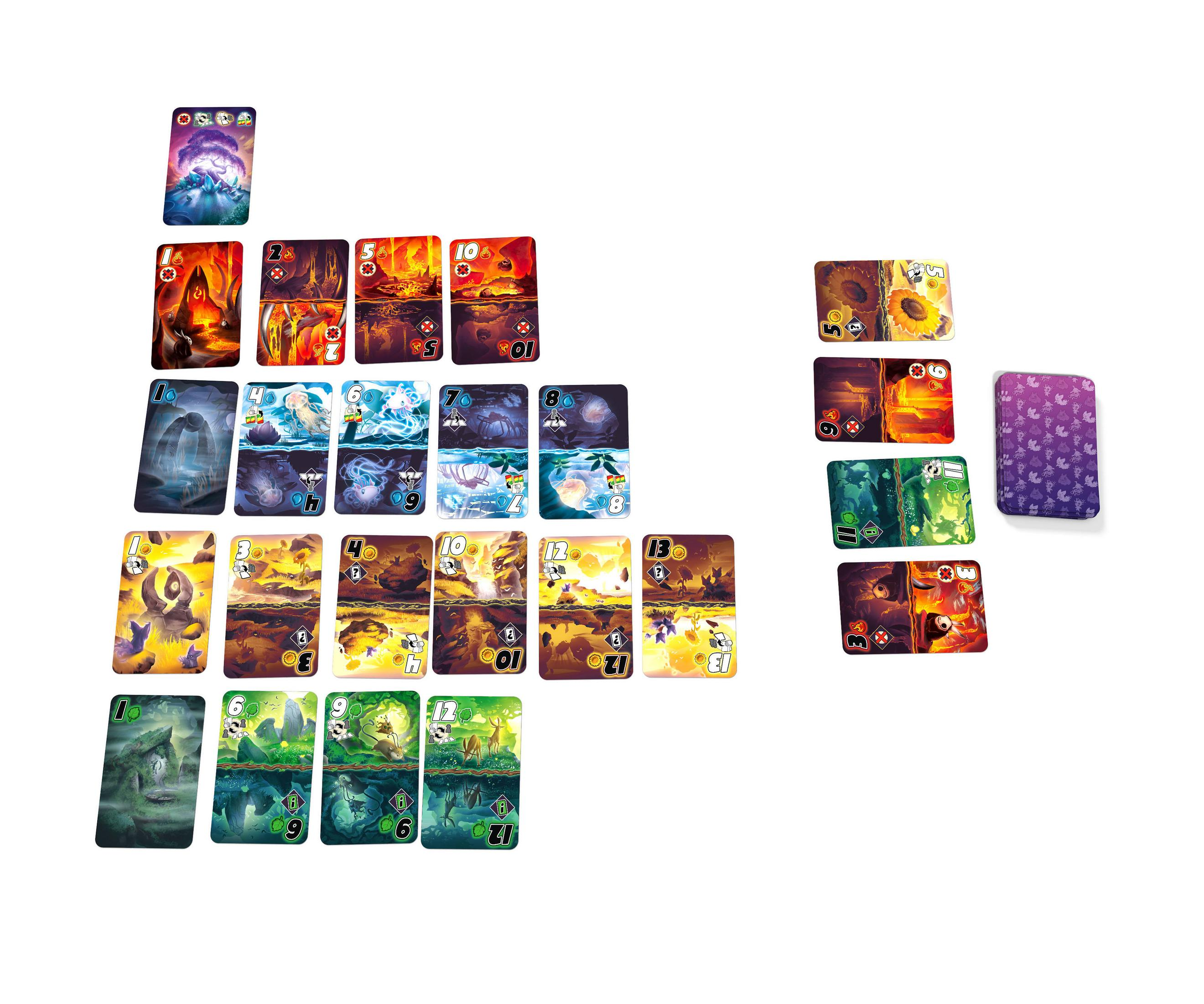 Brettspiel mit Karten, verschiedenen Farben und Bildern. Layout auf weißem Hintergrund.