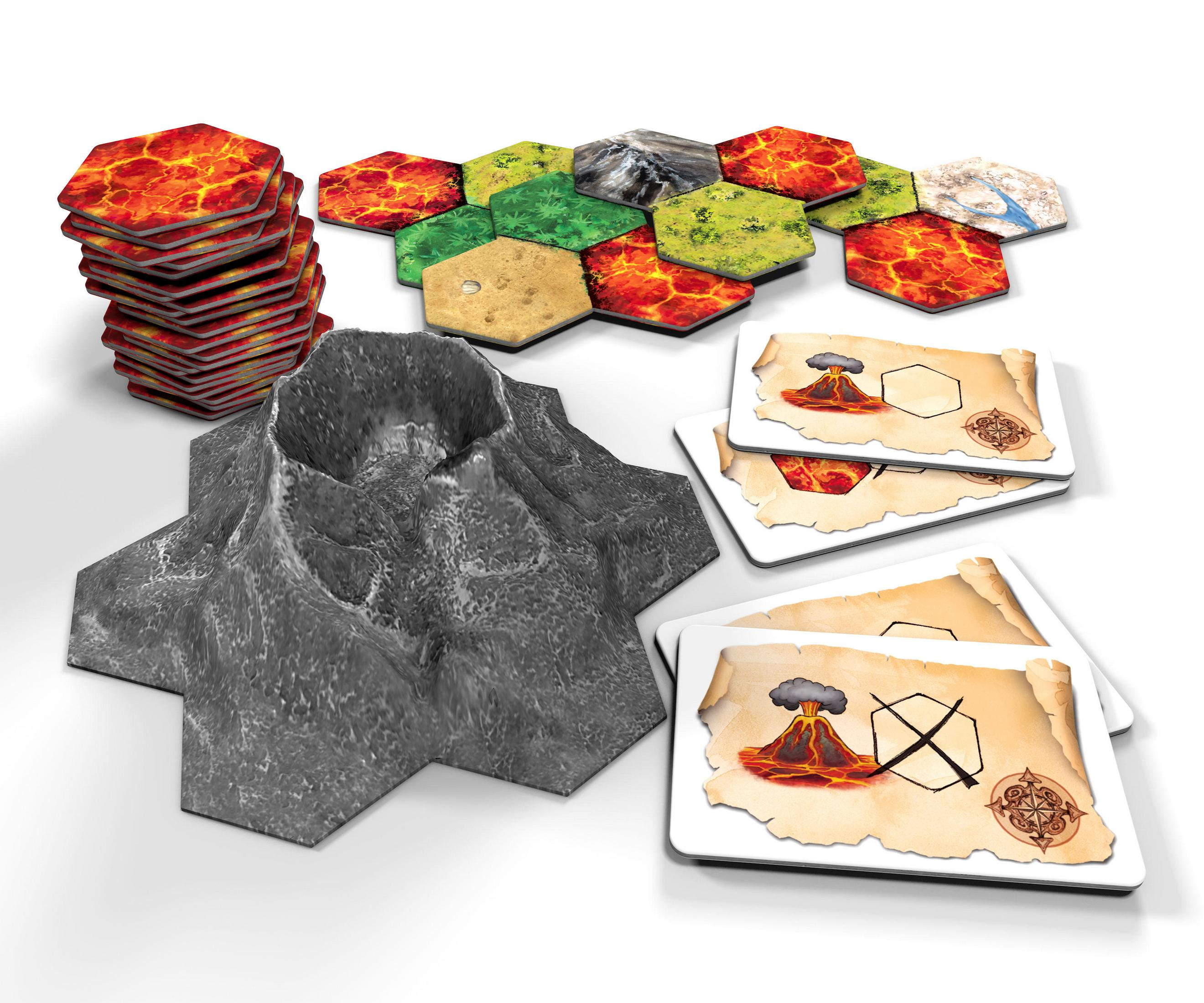 Komponenten des Vulkan-Brettspiels: Vulkanmodell, Lavafliesen, sechseckige Fliesen und Karten. Vor weißem Hintergrund.